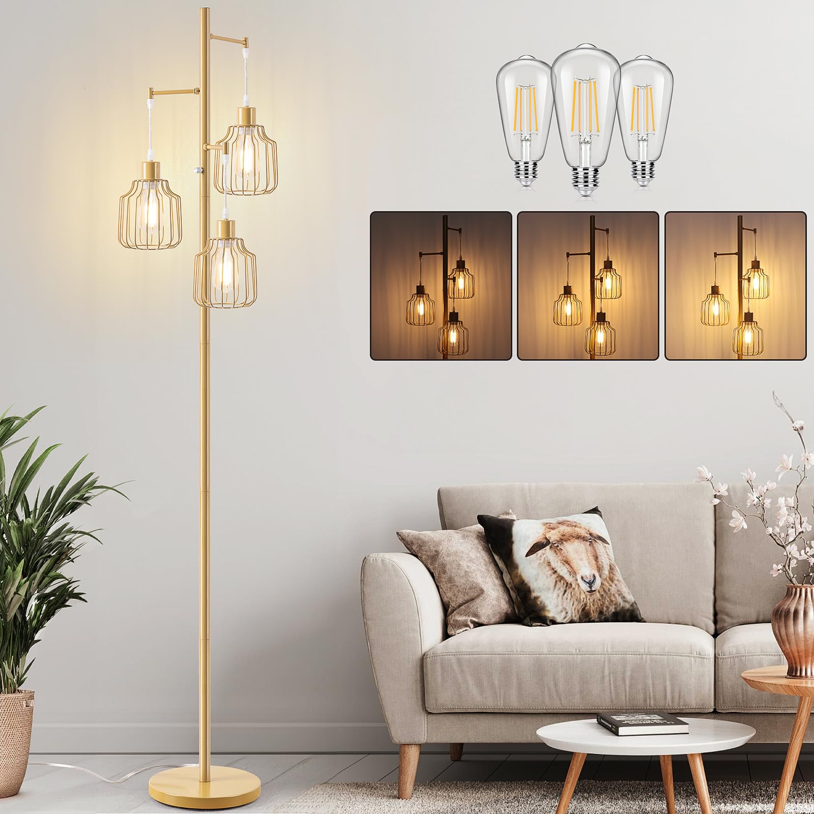 Dimmable Floor Lamp With 3 Led Edsion Bulbs, Farmhouse Tall Standing Lamp For Living Room, Modern Gold Tree Floor Lamp, Bright V