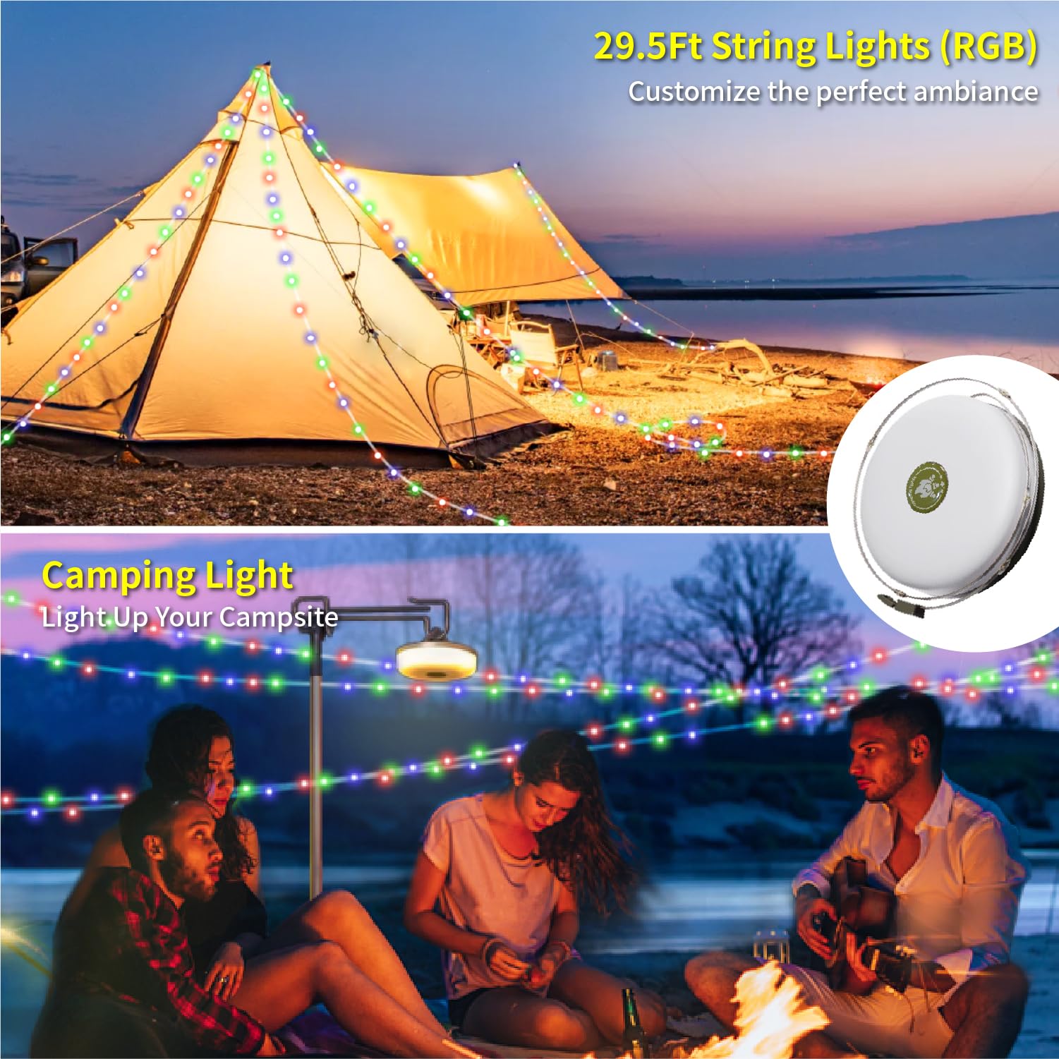 Hamlite Camping Light String, 3 In 1 Camping Light Rechargeable(29.5Ft), Rgb Portable Outdoor String Lights, Durable Tent Fairy