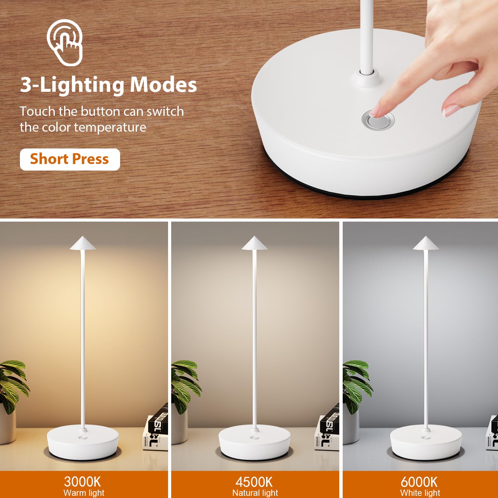 YIBEN Rechargeable Cordless Table Lamp, 6000mAh LED, 3 Levels Brightness, 12.8in H x 4.3in W, 2pack White