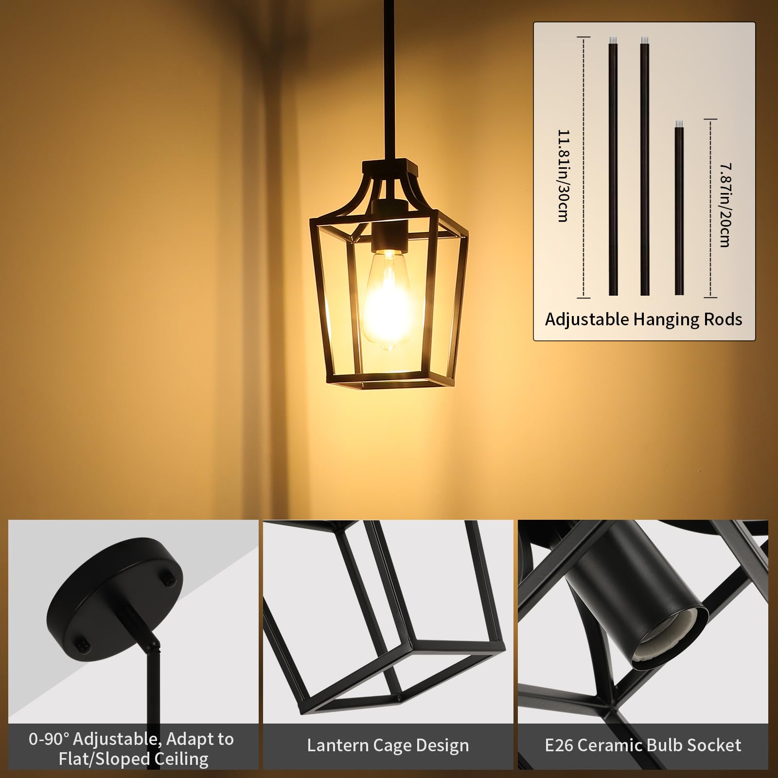 Foucasal Black Lantern Pendant Light Mini Pendant Lights For Kitchen Island Pendant Light Fixture, Adjustable Rods Farmhouse Pen