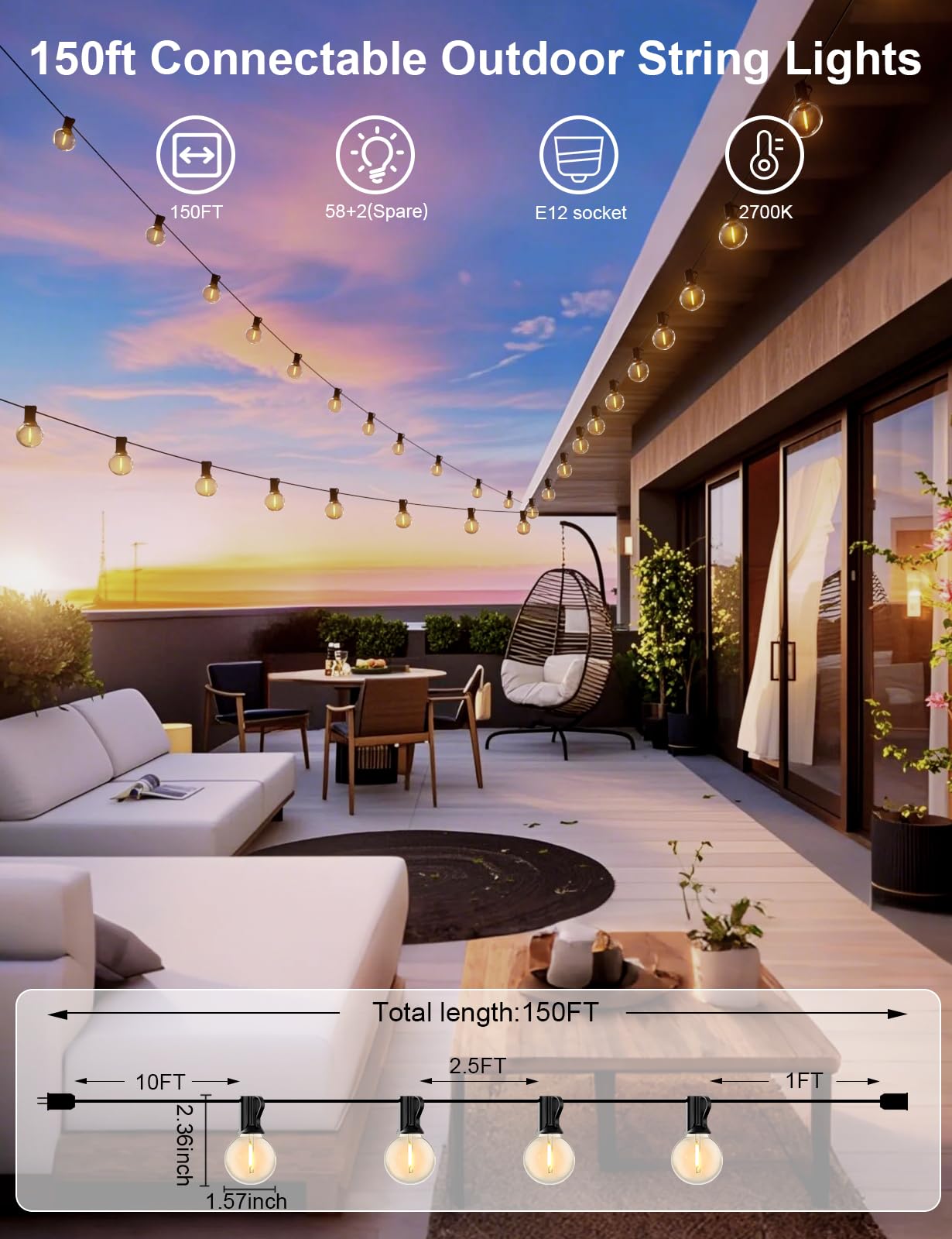 Rtty Outdoor String Lights 150 Ft Globe Led Patio Lights With G40 Plastic Bulbs,Waterproof Shatterproof Dimmable Connectable Han