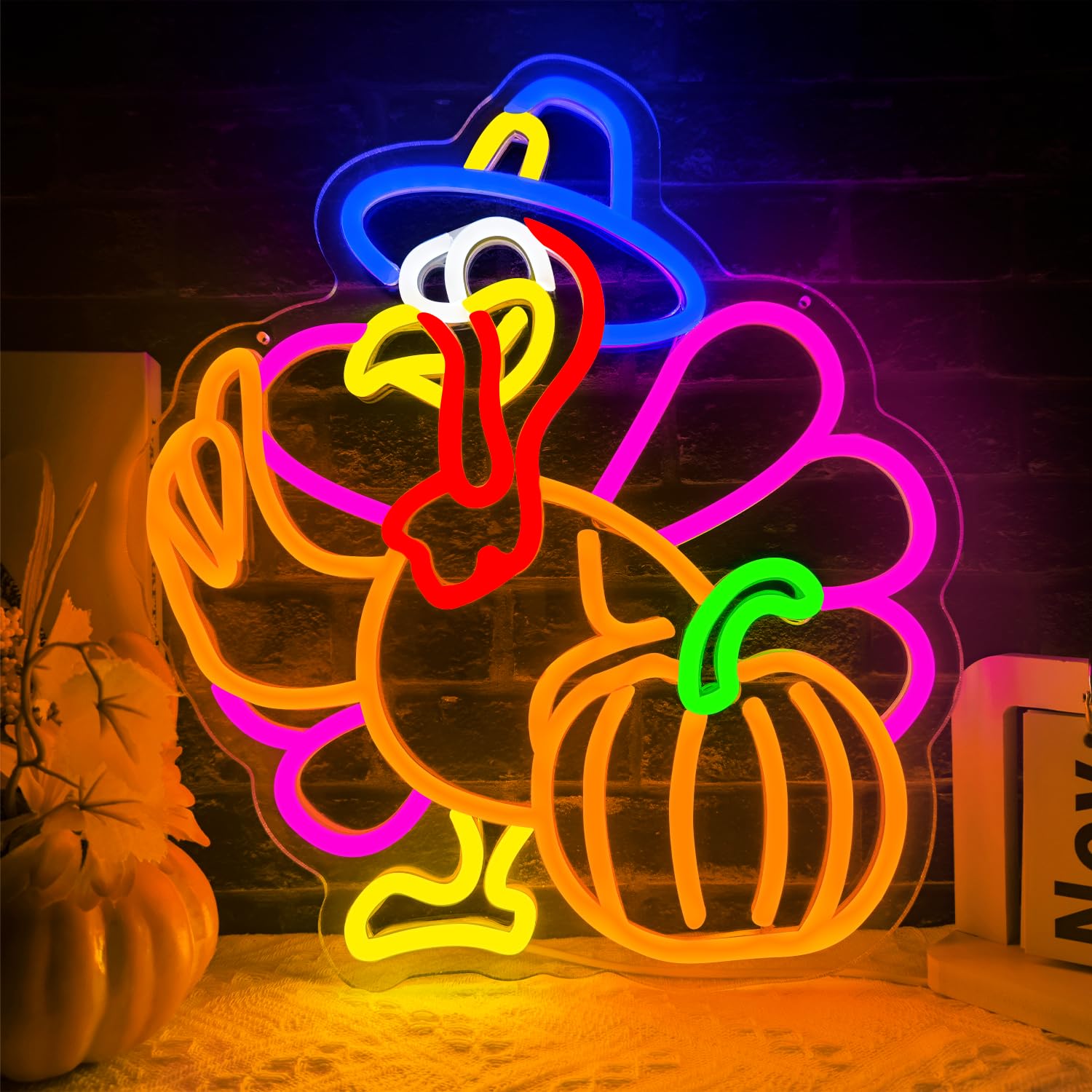 Pumpkin Turkey Neon Sign Dimmable Thanksgiving Led Neon Light Pumpkin Glowing Sign Usb Powered Wall Hanging Decoration For Fall Neon Sign Thanksgiving Harvest Home Decor.