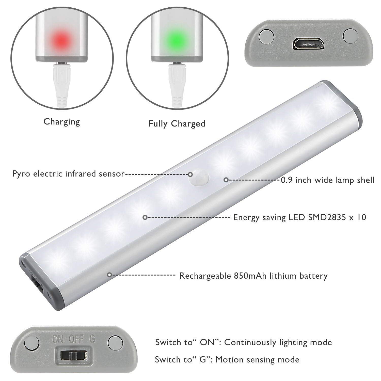 Lepotec Stick On Cabinet Light, 10 Led Motion Sensor Under Counter Light, Usb Rechargeable, Silver Warm White, Model W20Led-3, 2 Pack