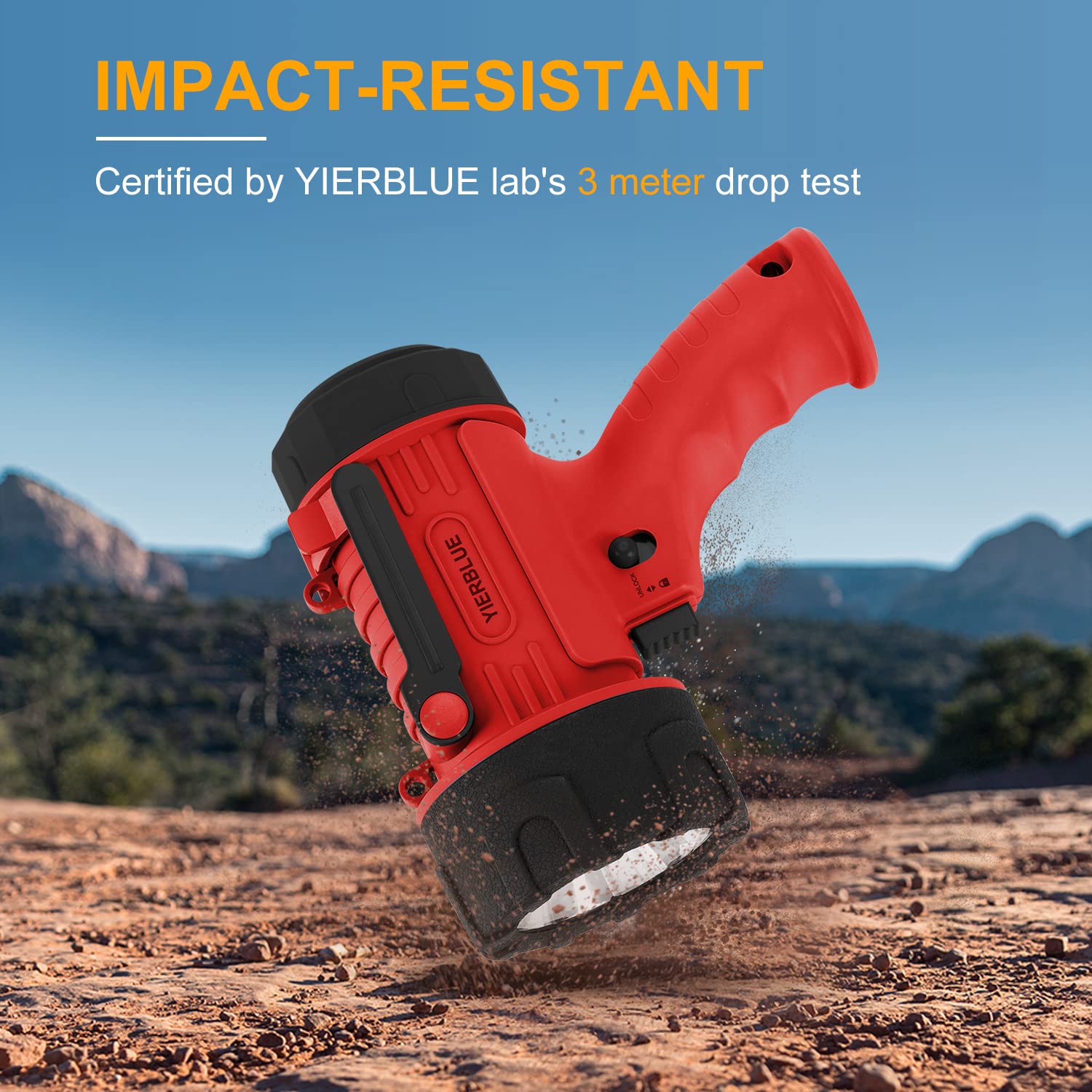 YIERBLUE Rechargeable Spotlight Flashlight 300000 Lumen LED, IP67 Waterproof, Model YBN-20000R, Red-Pro, Impact Resistant