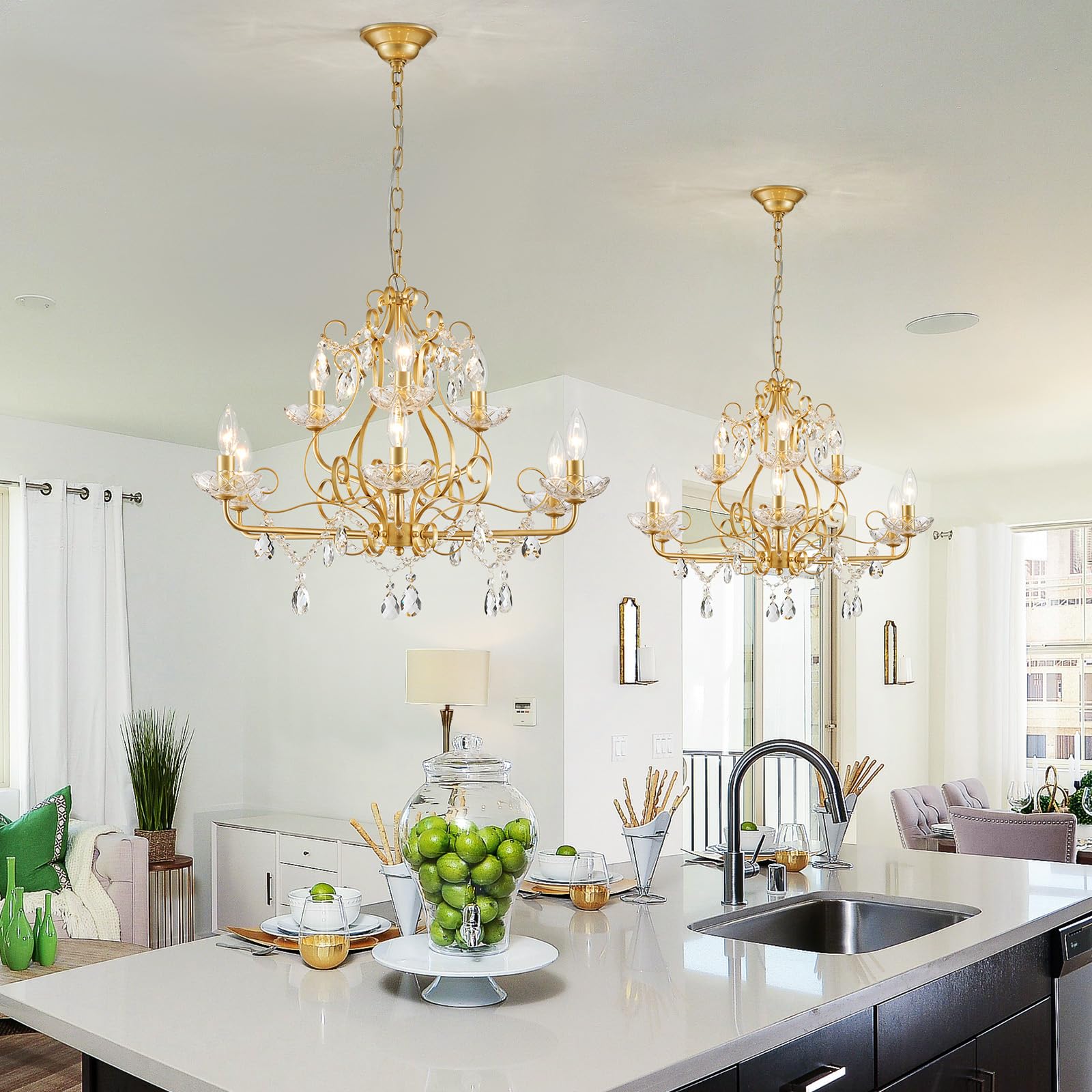WUZUPS 9-Light Crystal Chandelier, Gold Metal Flushmount, H 18.1" x W 25.6", Modern Lighting for Bedroom, Hallway, Kitchen, Bathroom