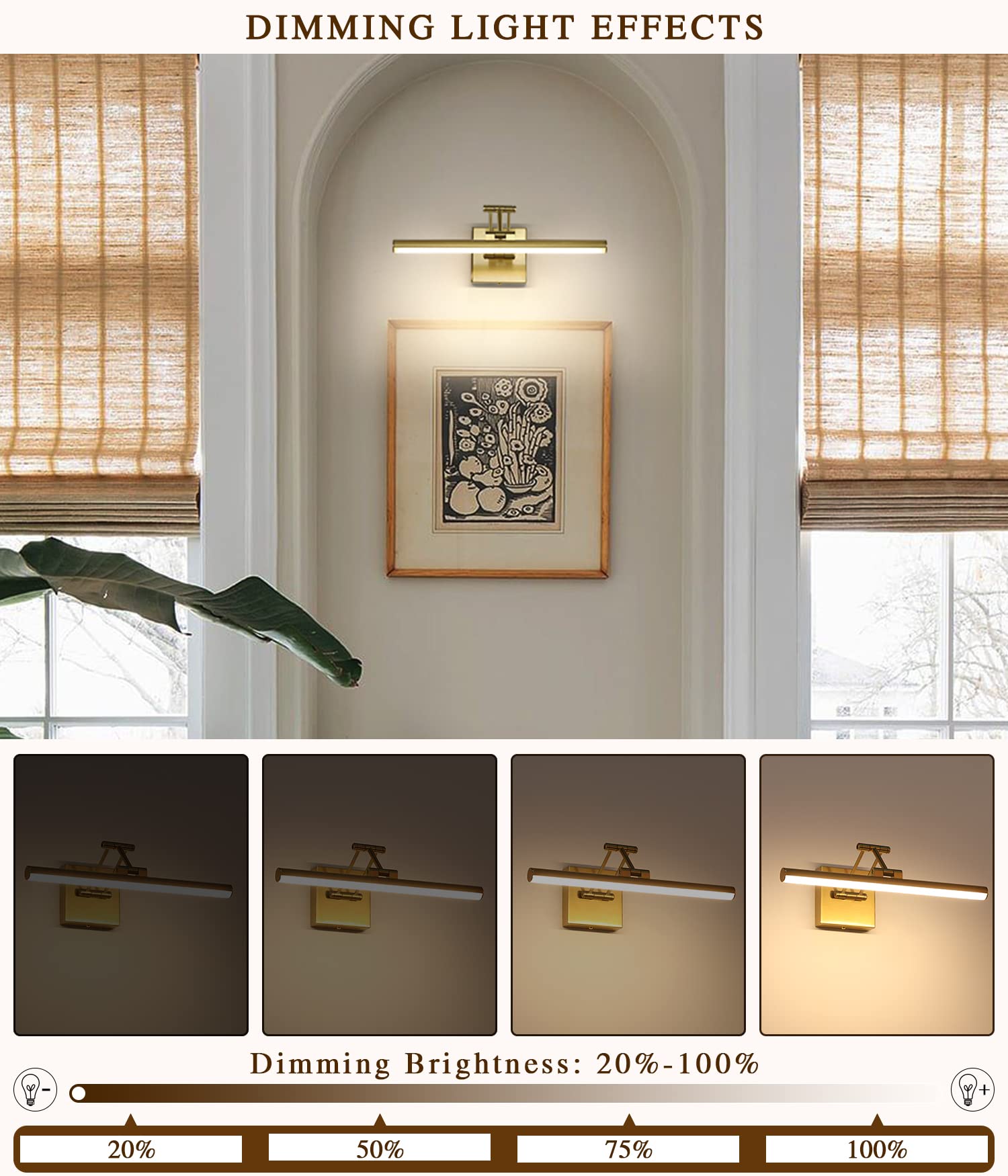 Joossnwell Led Picture Lights For Paintings Dimmable 15.5 Inch Long Hard-Wired Picture Frame Lights Brass Gallery Wall Light With Adjustable Swing Arm Art Display Lamps 7W 3000K Warm White