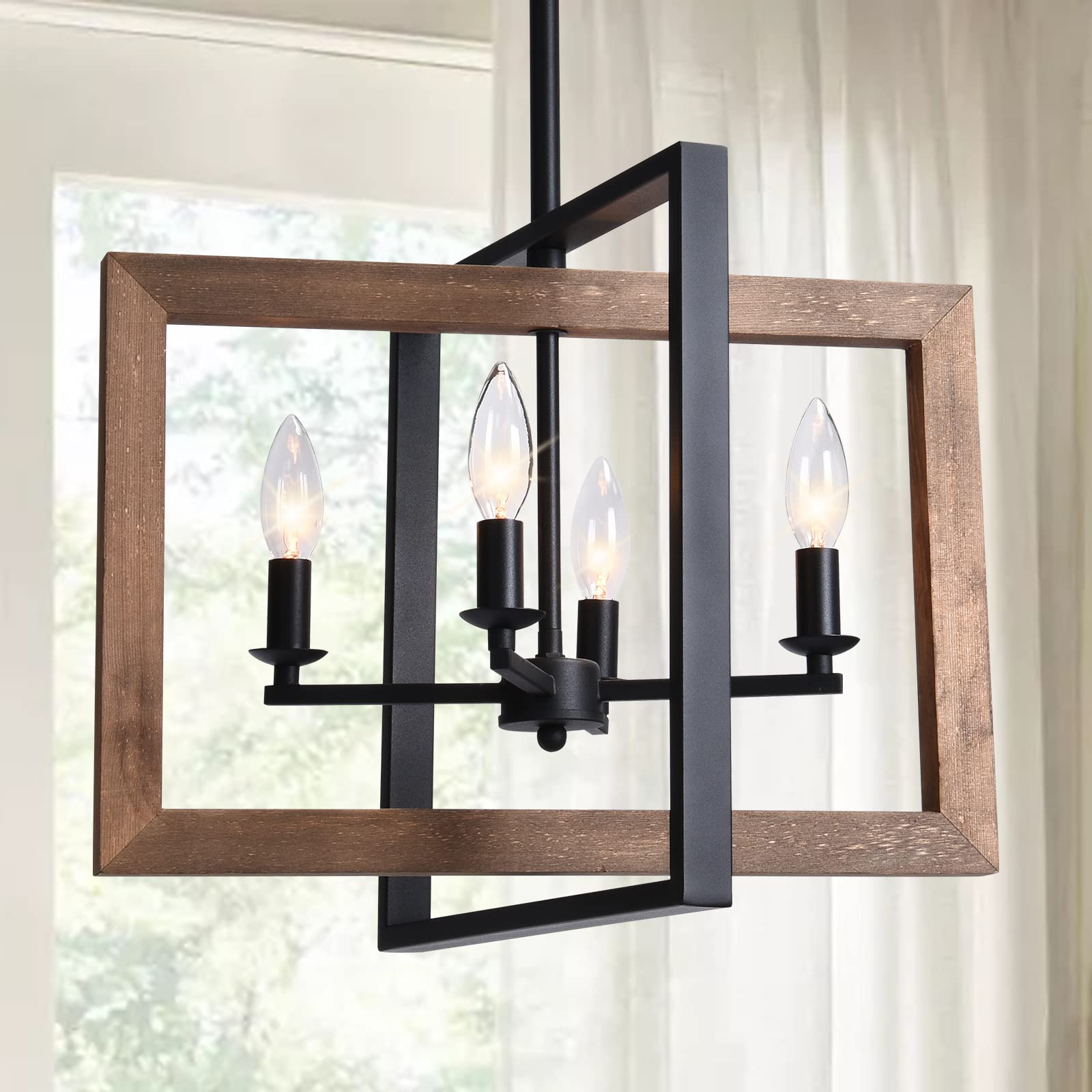 Lingkai Farmhouse Chandelier Pendant Light Fixture, 4-Light, Wood Finish, Model LKCH005WD-4, Ideal for Rustic Kitchen or Dining Room