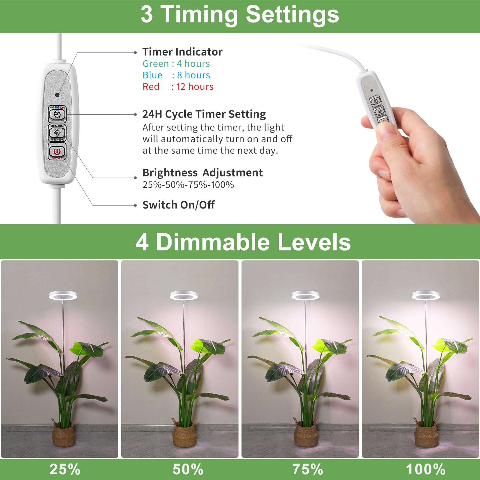 LBW 72 LEDs Full Spectrum Plant Grow Light, 56in Adjustable Height, Auto Timer & 4 Dimmable Brightness for Indoor Tall Plants, White