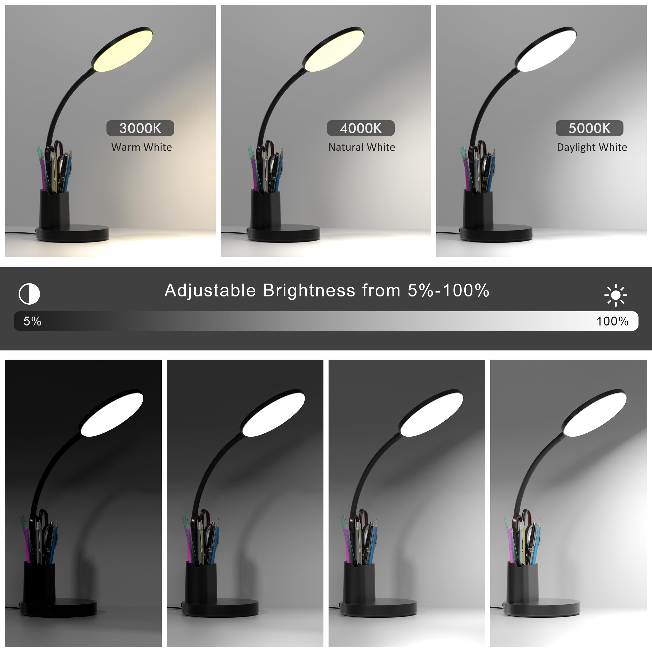 Vicsoon LED Desk Lamp with 3 Color Modes, 360° Adjustable Arm, Dimmable Light, Black, Model HM-TD-8W-001