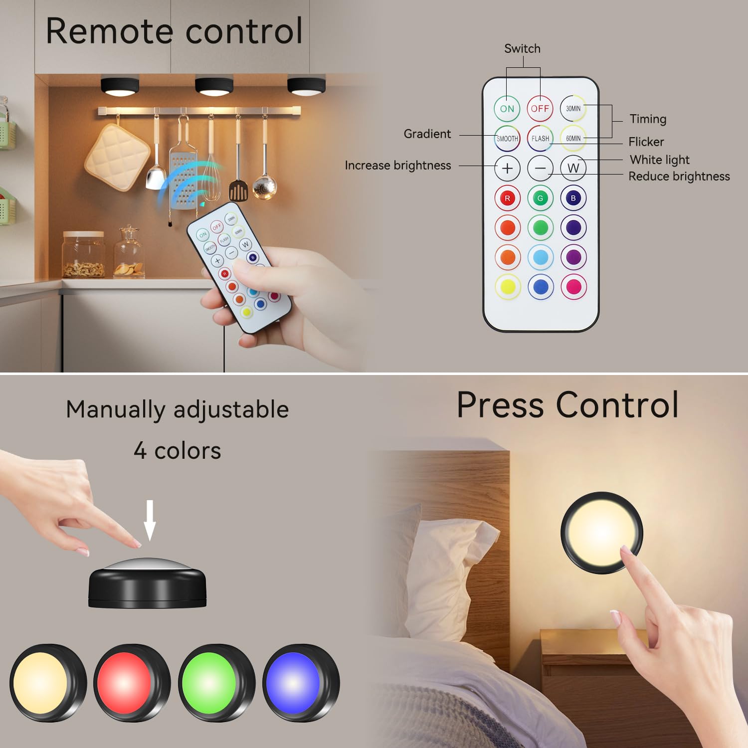 BESTDLCLITE LED Puck Lights, 16-Color Remote Dimmable, Battery Operated, Black, 6 Pack, Ideal for Under Cabinet, Closet, Shelf, Wall