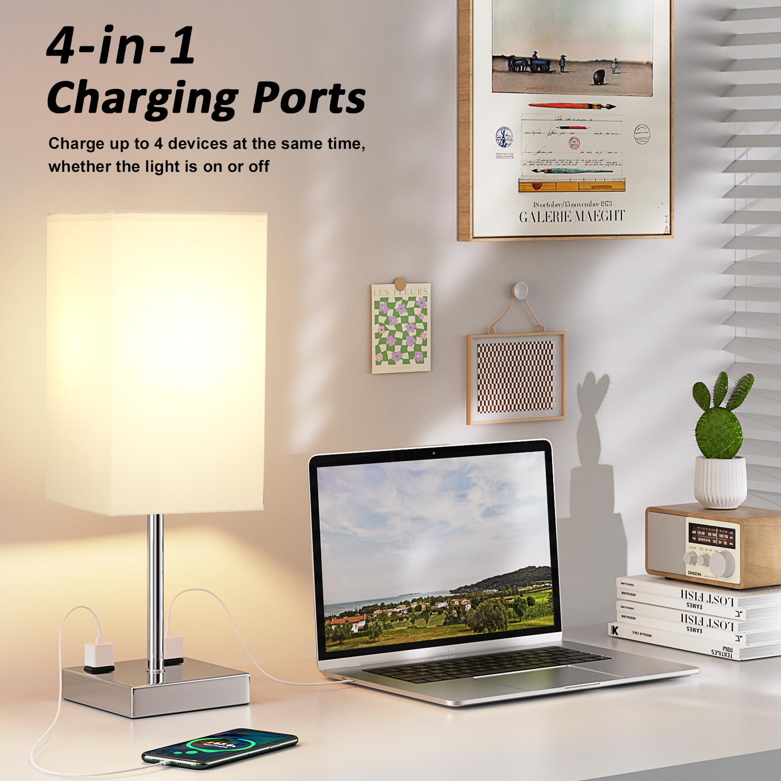 aooshine Touch Bedside Table Lamp - 3-Way Dimmable, USB A + Type C Ports, 17.4in, White & Silver, Model 3-13, Includes