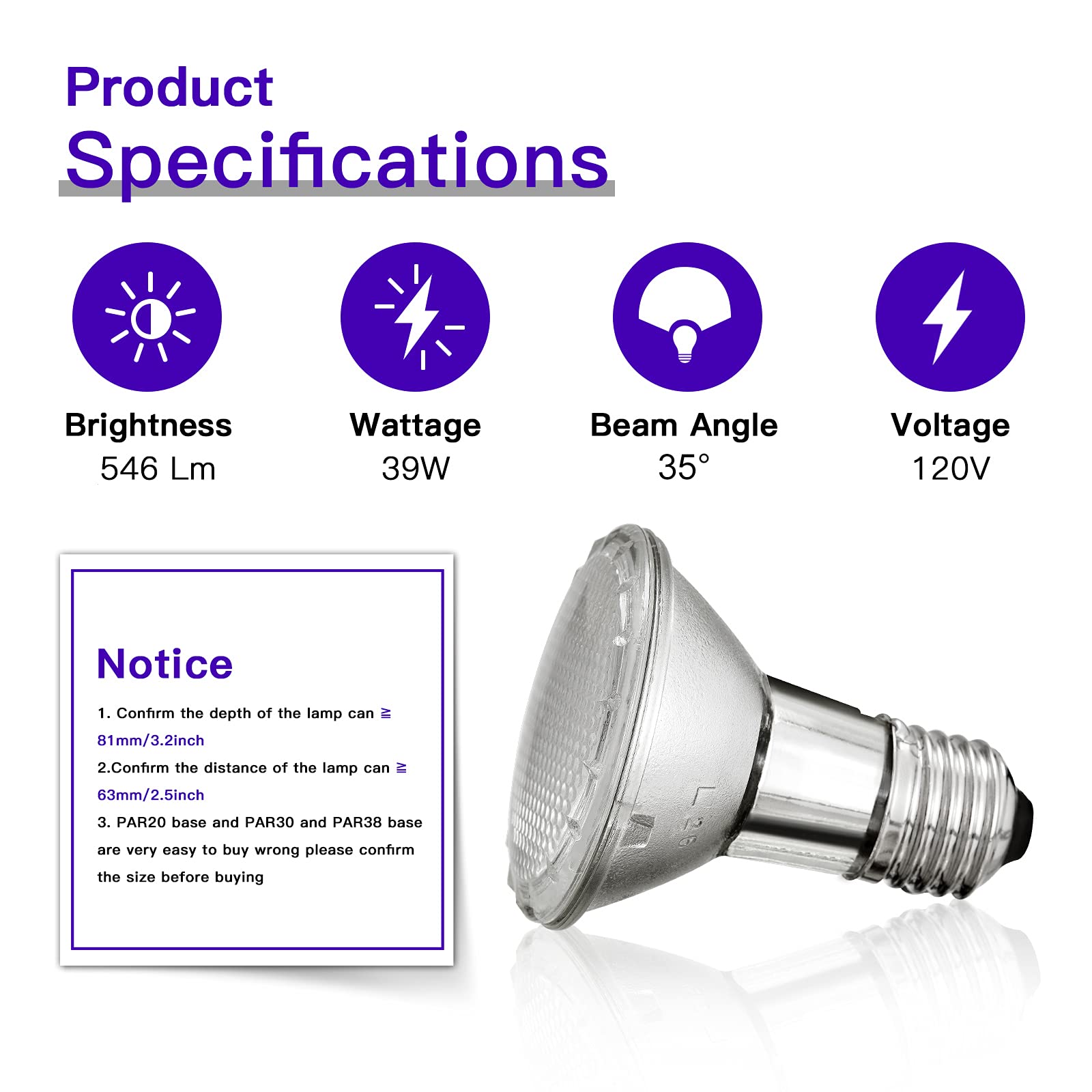 Jaenmsa Par20 Halogen Light Bulbs, 39W High Output (50W Replacement) Par20 Flood Light Bulb, Dimmable, 120V 1755 Lumens 2700K Wa
