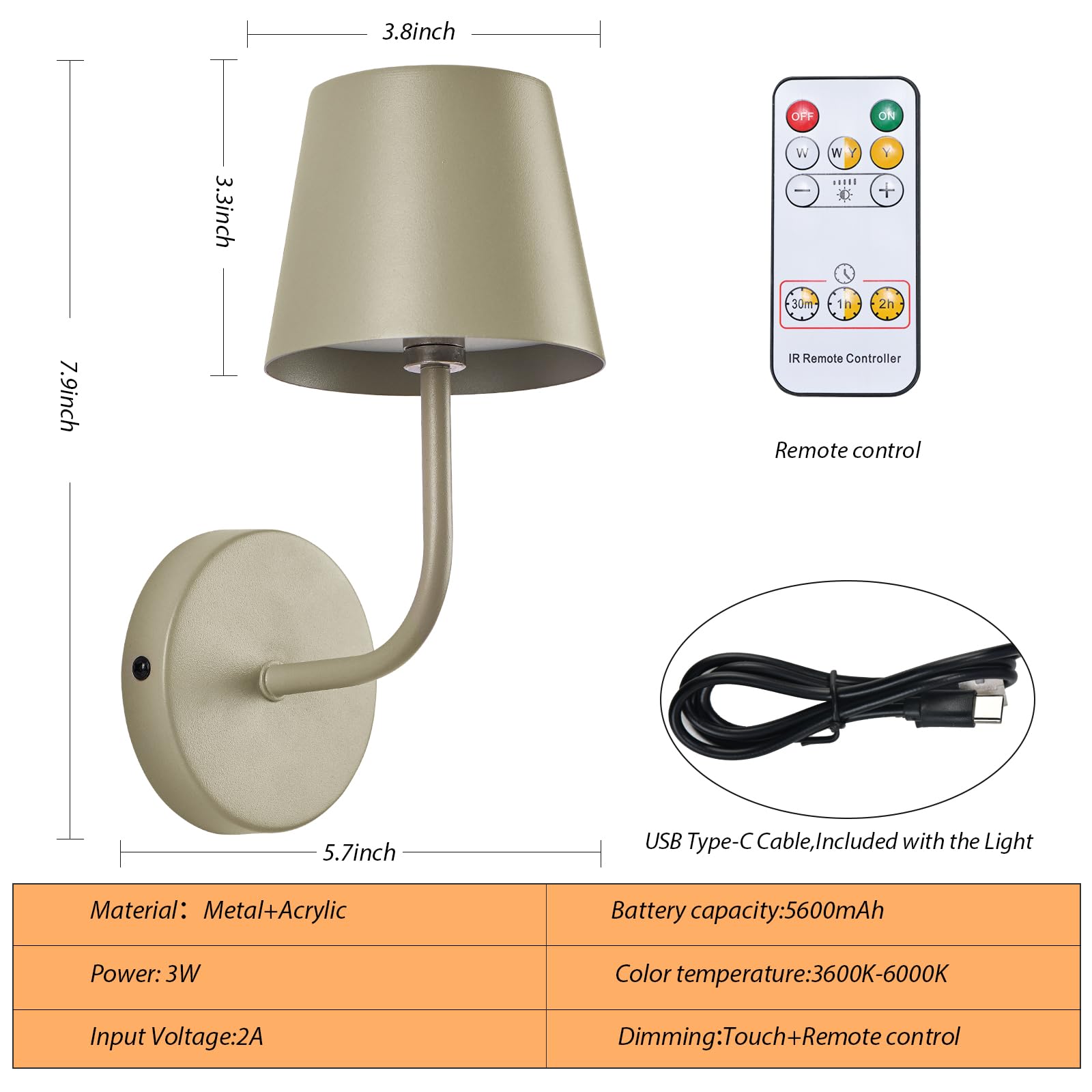 IMQSQIK LED Wall Lamp Set of 2, Rechargeable 5600mAh, Touch Control, Metal, Apricot, Model RQ-14-2Pack