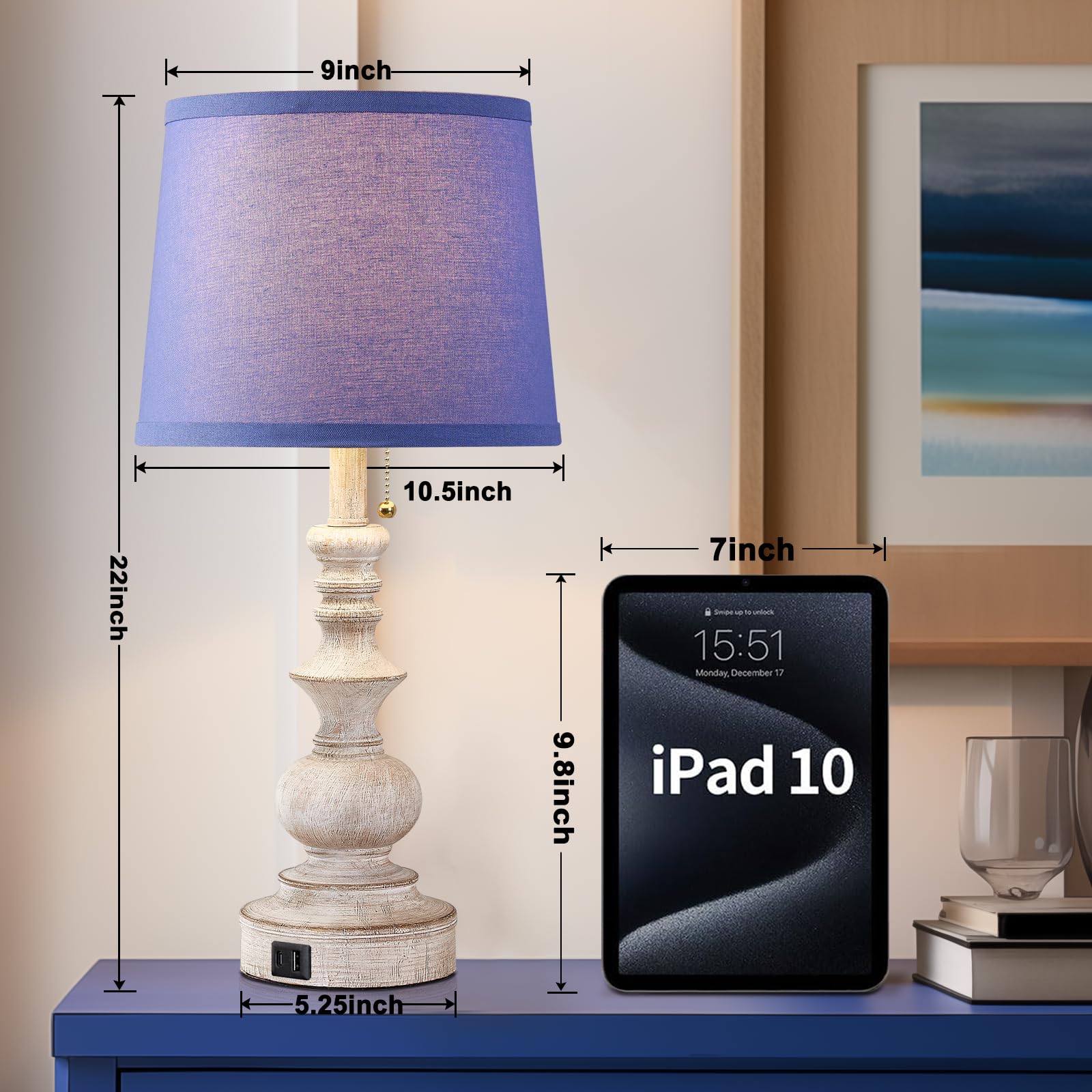 22'' Farmhouse Bedroom Table Lamps Set Of 2 Bedside Nightstand Lamps With Usb A/C Charging Ports Small Side Table Lamps For Livi