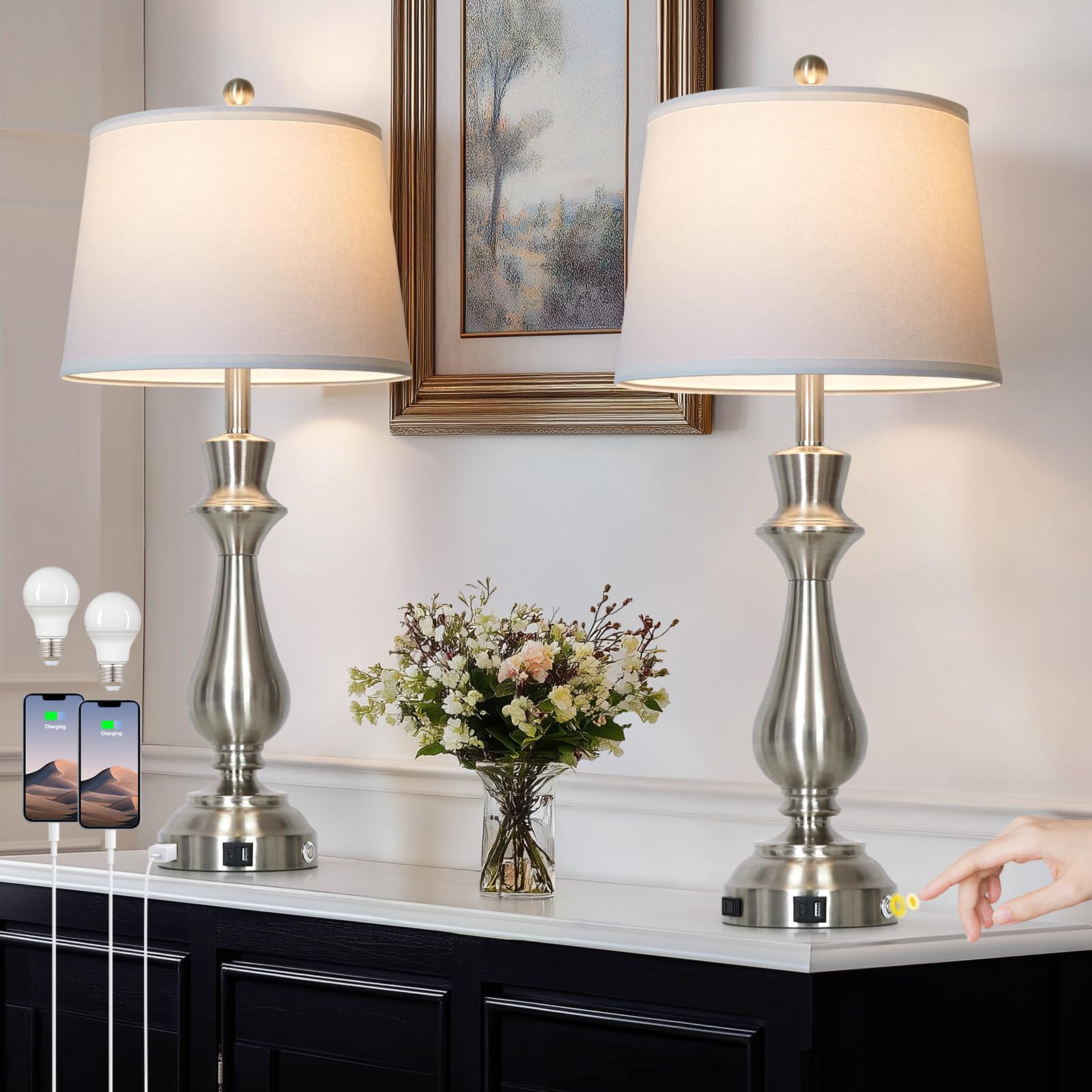 Cinkeda Silver Touch Lamps for Night Stands Set of 2-29.5 Tall Bedside Lamp with USB C+A  3 Way Dimmable Bedroom Lamps  Brushed Nickel Table Lamps for Living Room