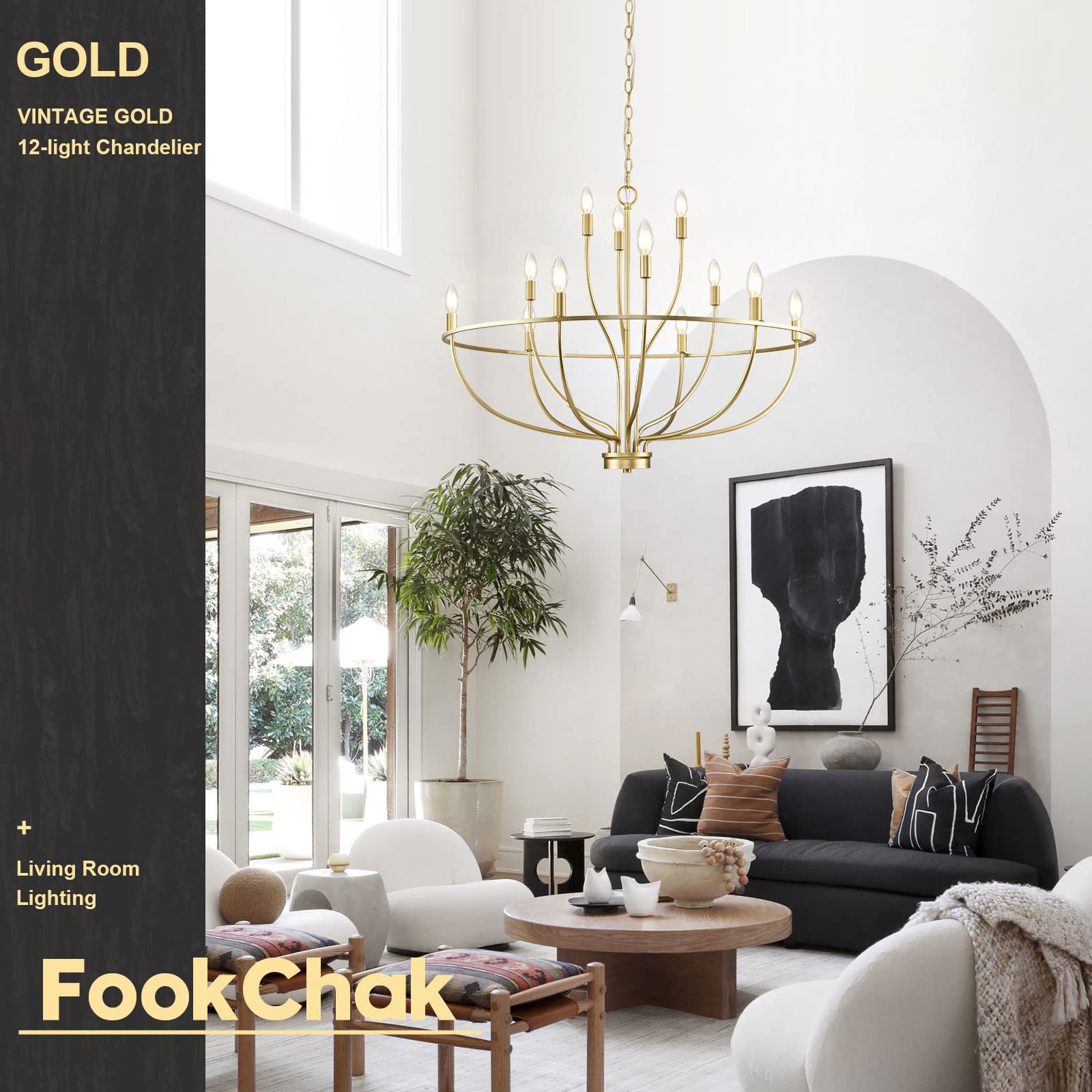 Fookchak Large Gold Chandelier, 12 Light Foyer Chandelier High Ceiling 36Inch Modern Brass Living Room Light Fixture Metal Candle Chandelier For Kitchen Entryway Living Room Bedroom