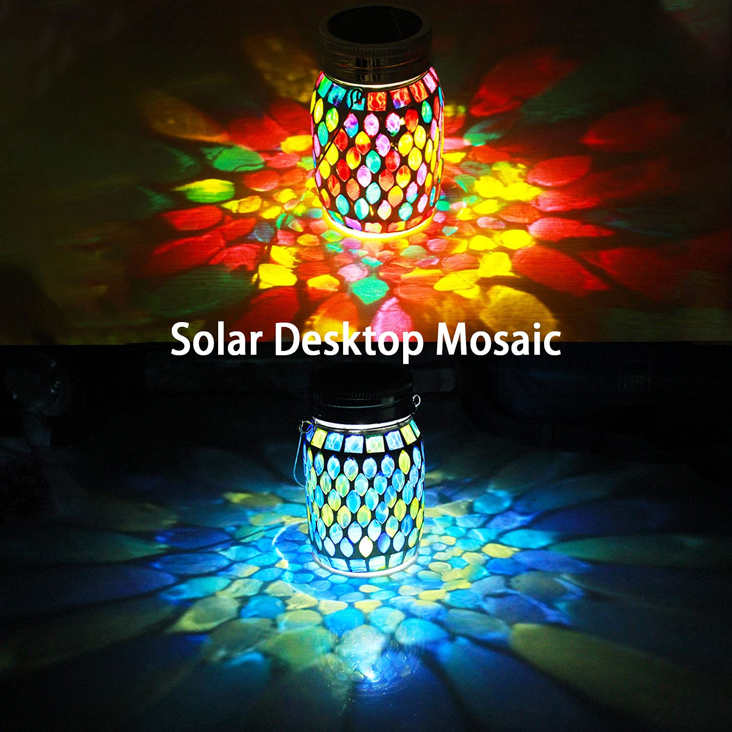 2 Pack Solar Outdoor Mosaic Lantern,Solar Lights Outdoor Hanging Lanterns Rechargeable Waterproof Table Lamp Mosaic Night Light