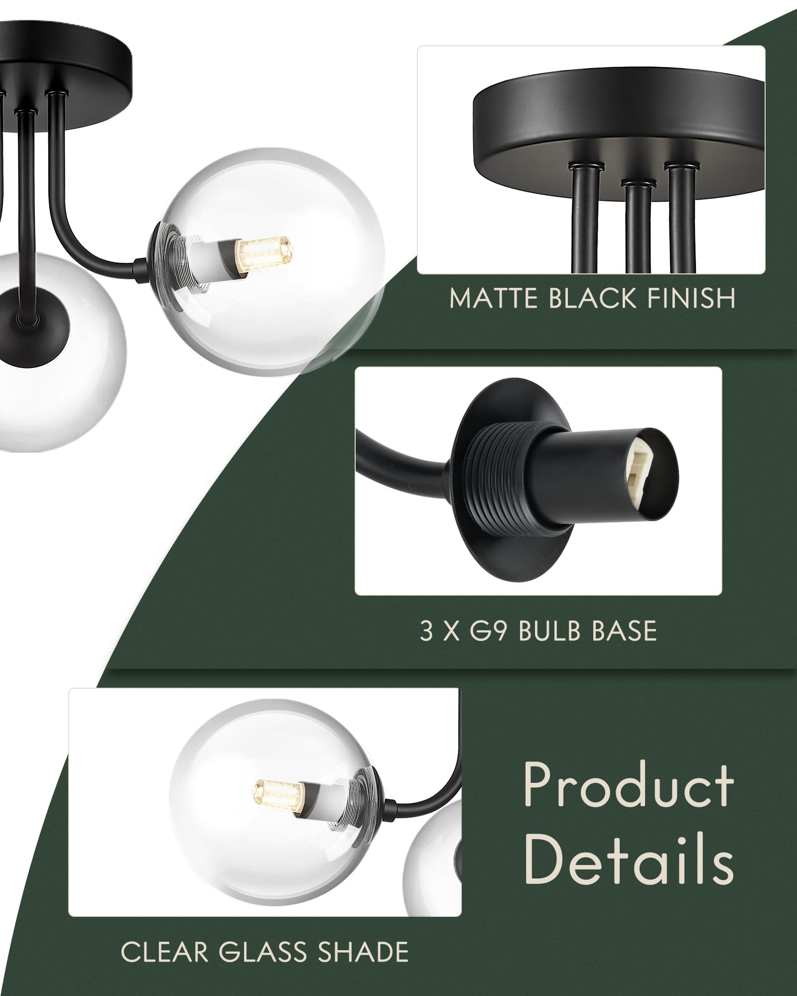 Cargifak 3-Light Flush Mount Ceiling Light, Black & Clear Glass, Modern Farmhouse Design, Model CKCL4845-3W-CLBK