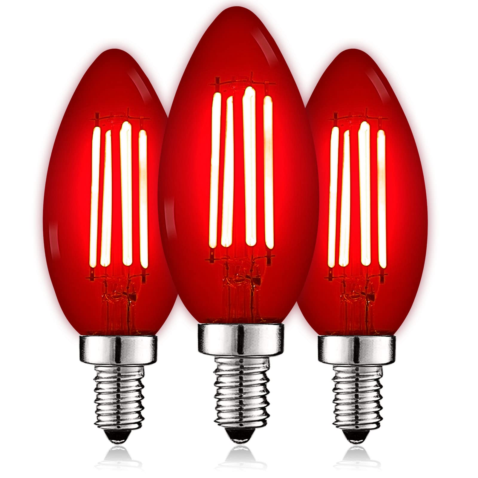 LUXRITE E12 LED Filament Red Light Bulbs, 4.5W, Glass, 3 Count, UL Listed, Candelabra Base, Indoor Outdoor Lighting