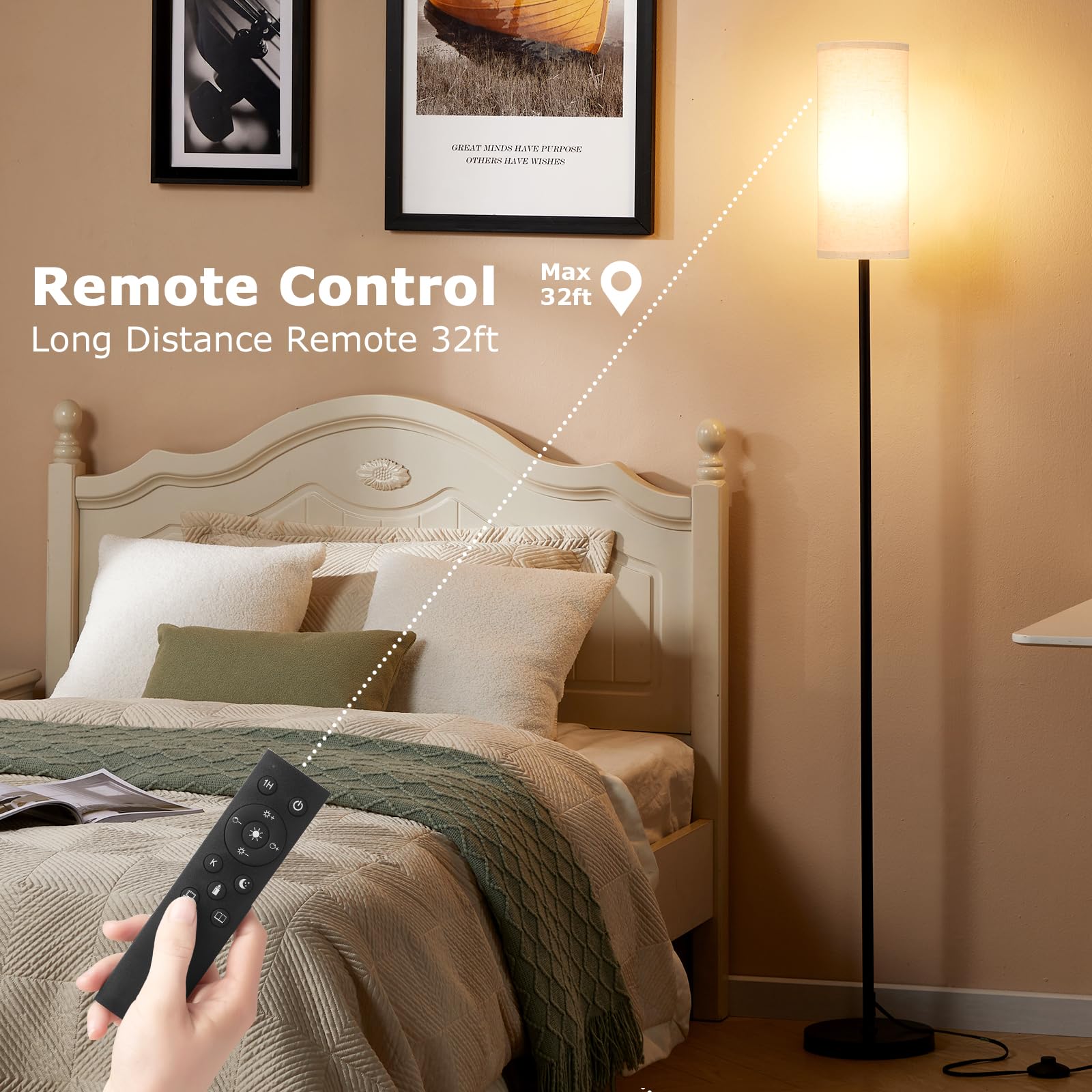 Ambimall 64'' Floor Lamps For Living Room With Remote Control And Stepless Dimmable Colors Temperature & Brightness, 9W Bulb Included(Beige Lampshade & Black Pole)