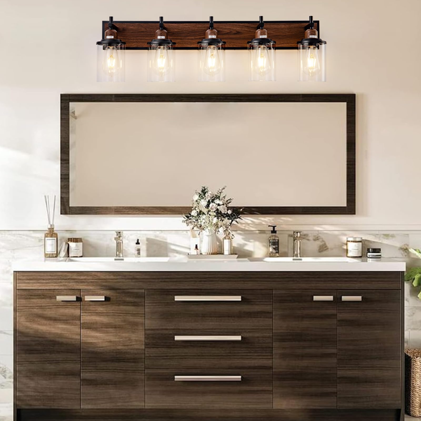 Lanhall 5-Light Farmhouse Bathroom Light Fixtures Vintage Bathroom Vanity Lights Over Mirror Black And Wood Painted Metal Vanity