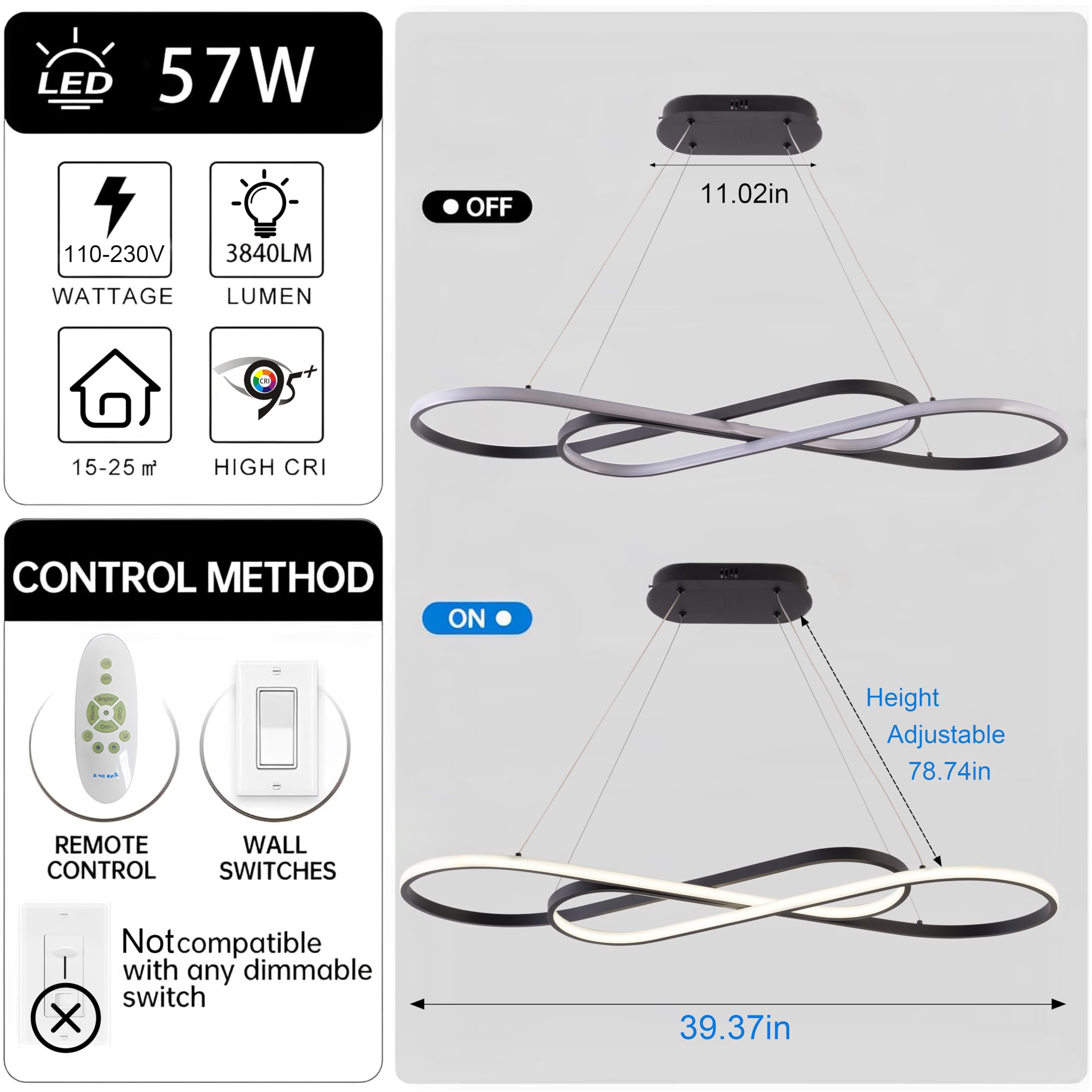 Led Chandelier,39.4Inch Modern Led Pendant Light With Remote,Dimmable Black Chandelier For Dining Room,Adjustable Height 45W Alu