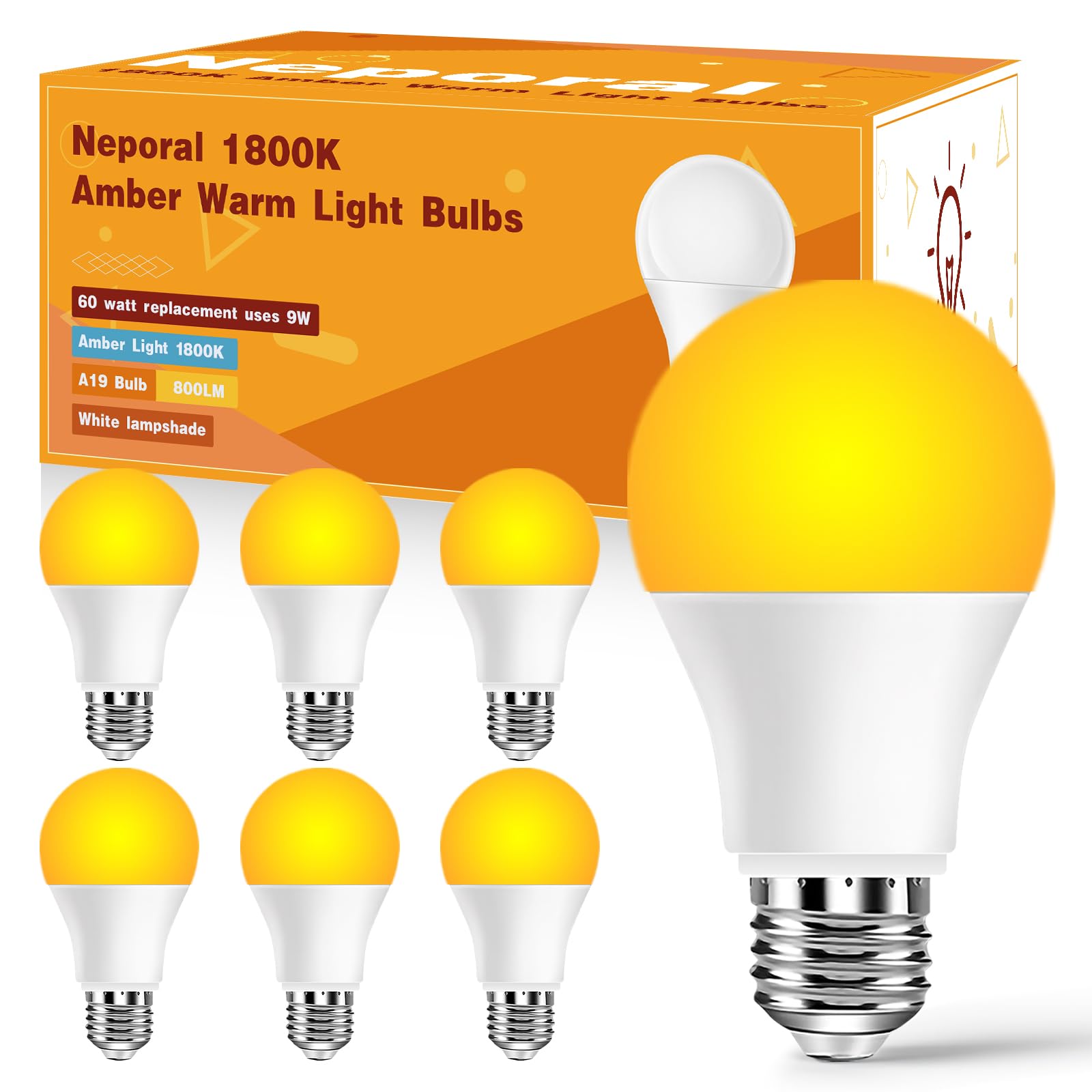 Neporal Amber Light Bulbs 9W, Soft Warm Sleep Light Bulbs 60W Equivalent, Blue Light Blocking Amber Night Light Bulbs 1800K, Bedtime Light Bulb for Healthy Sleep, 6 Pack