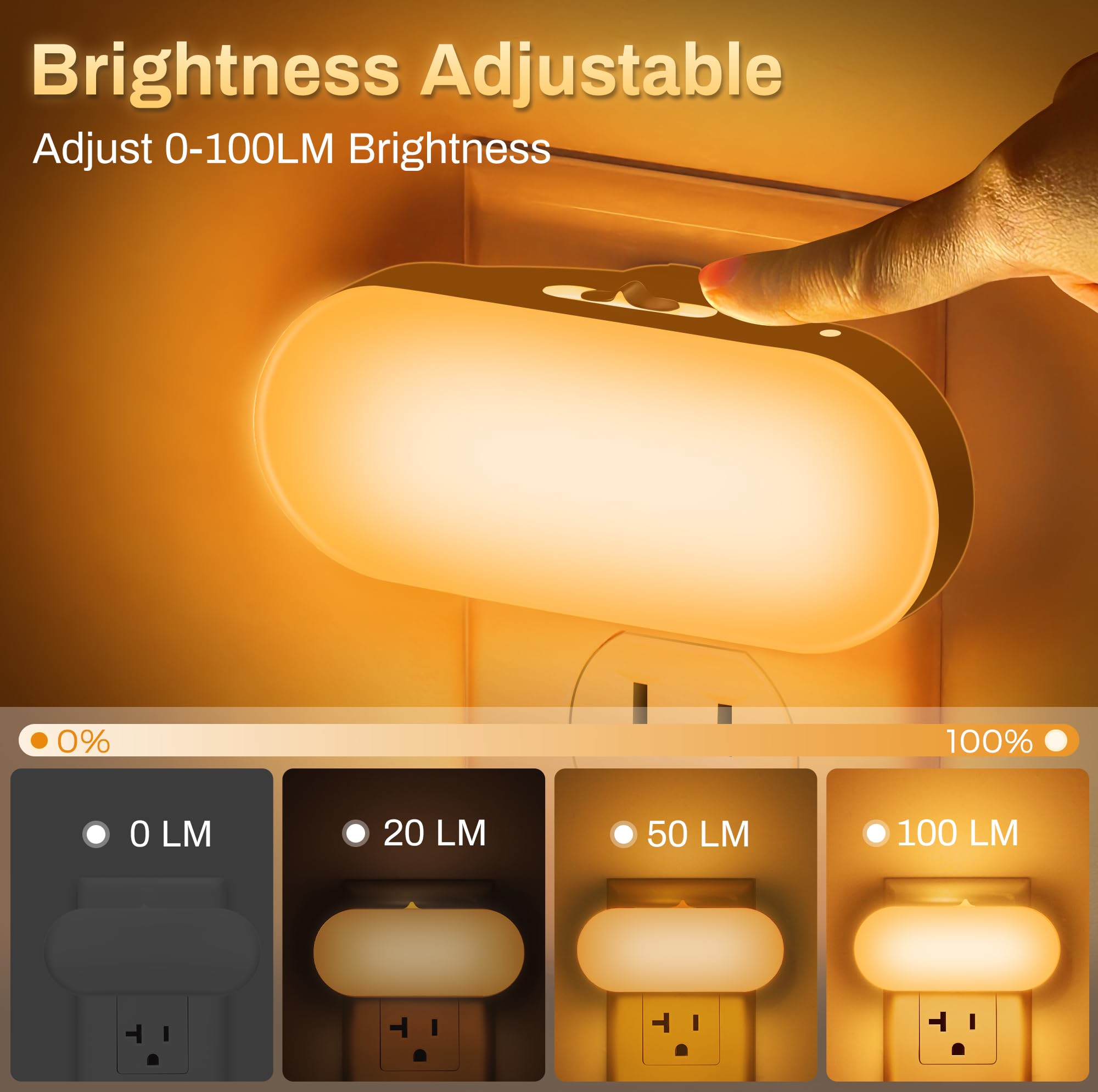 Doresshop Amber Night Light, Auto On/Off, 0-100 Lm Adjustable Brightness, Dimmable Plug Into Wall Light Sensor Night Light For Kids Room, Bedroom Night Light, Stair Lights, Amber, 1W, 2 Pack
