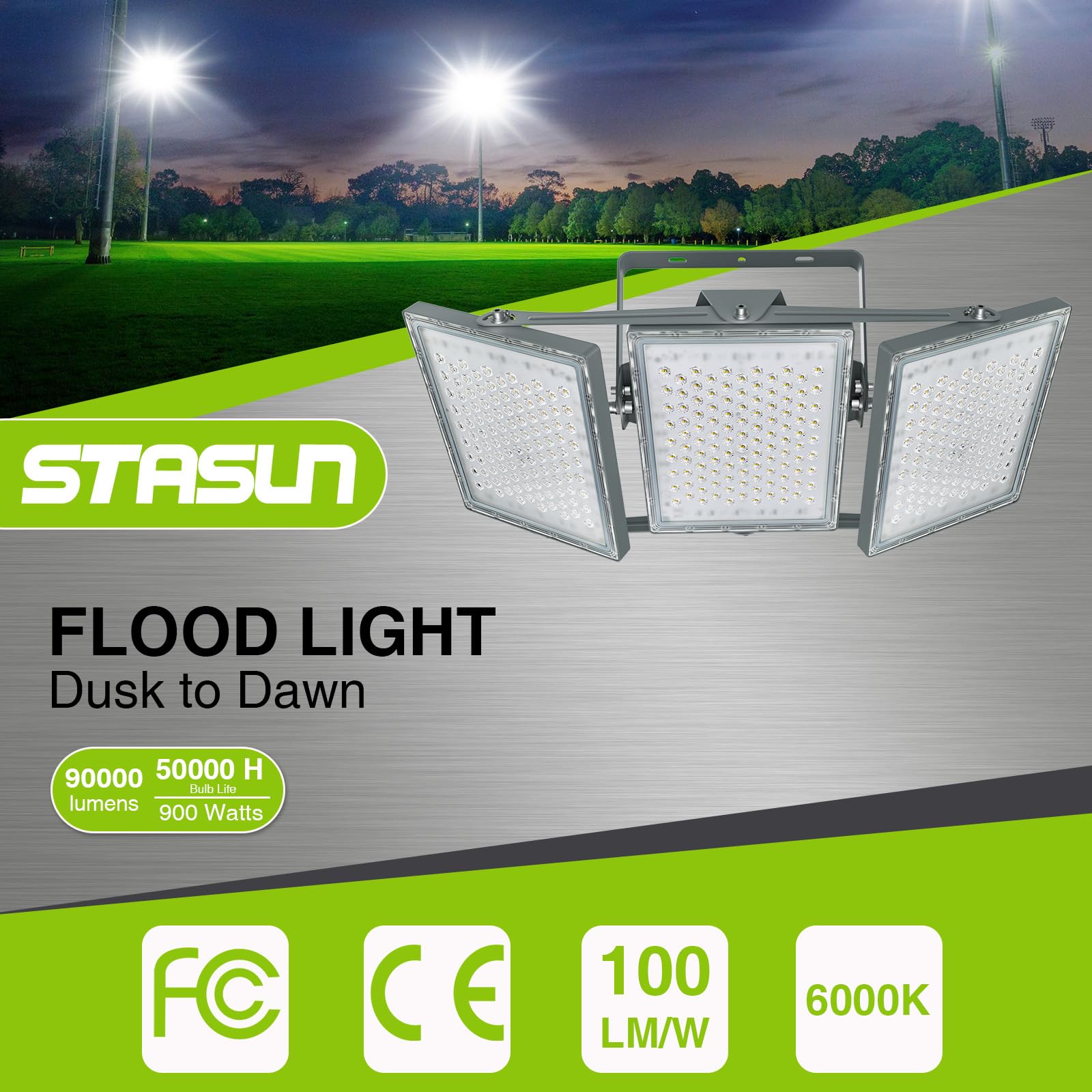 STASUN 900W LED Flood Light - 90000LM, Dusk to Dawn, IP66 Waterproof, 3-Head Multi-Angle, Gray, Model 20172
