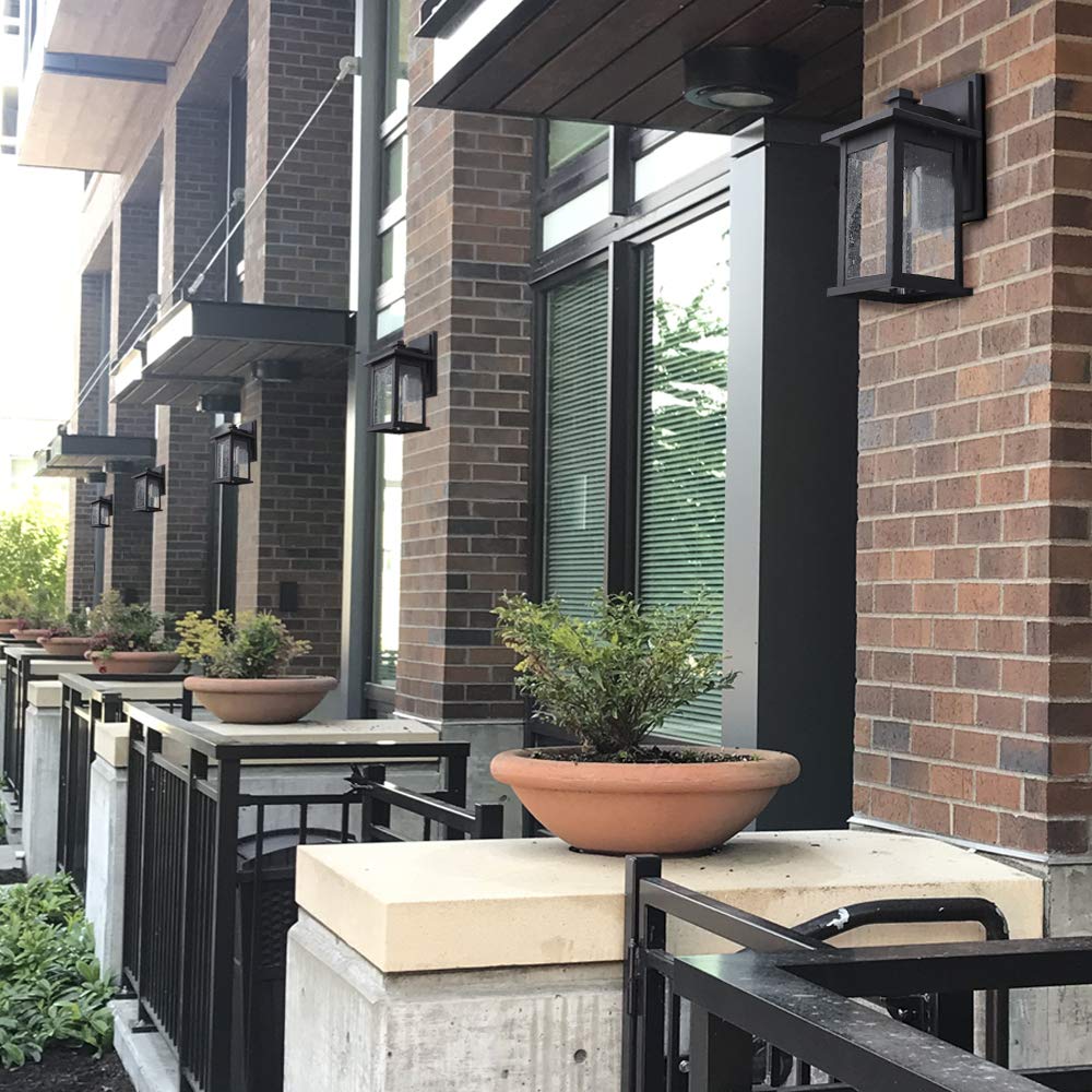 Emliviar 1-Light Outdoor Wall Sconce, Black Lantern With Clear Seeded Glass, Medium Size