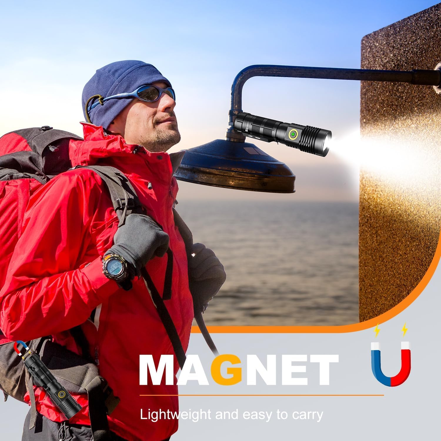 Small Tactical Flashlights 20000 High Lumens - 1500 Meters Long Beam Super Bright Led Magnetic Flashlight Usb Rechargeable Zoomable 5Modes Long Beam Spotlight Flashlight For Hiking  Camping  1Pcs