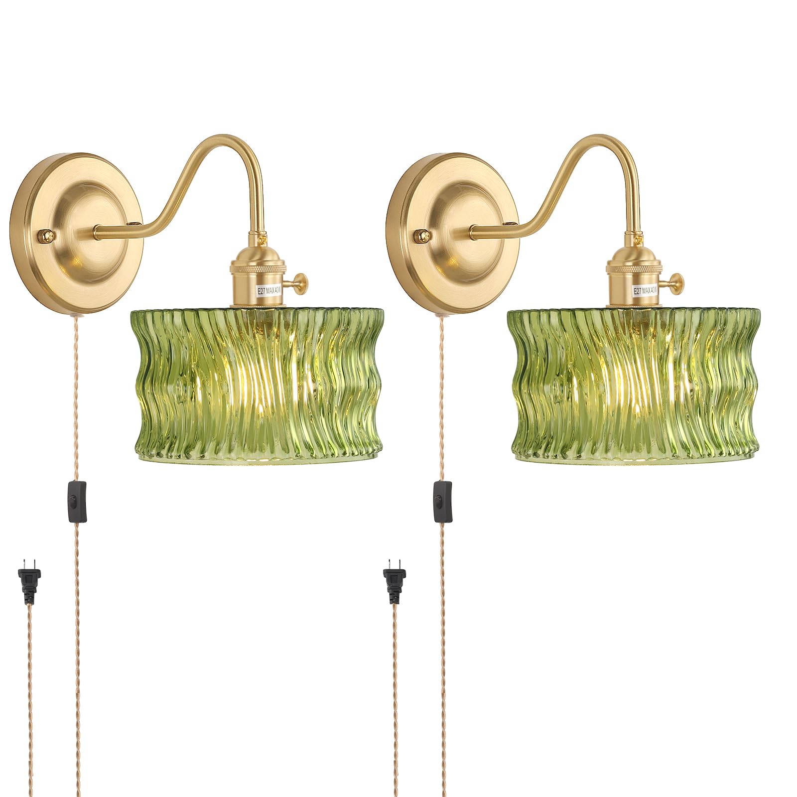 Shenmoyl Wall Sconce Set of 2, Gold Vintage Indoor Lamp with Green Ripple Glass Shade, 2 Light Plug in, Model 1-93724-wlamp