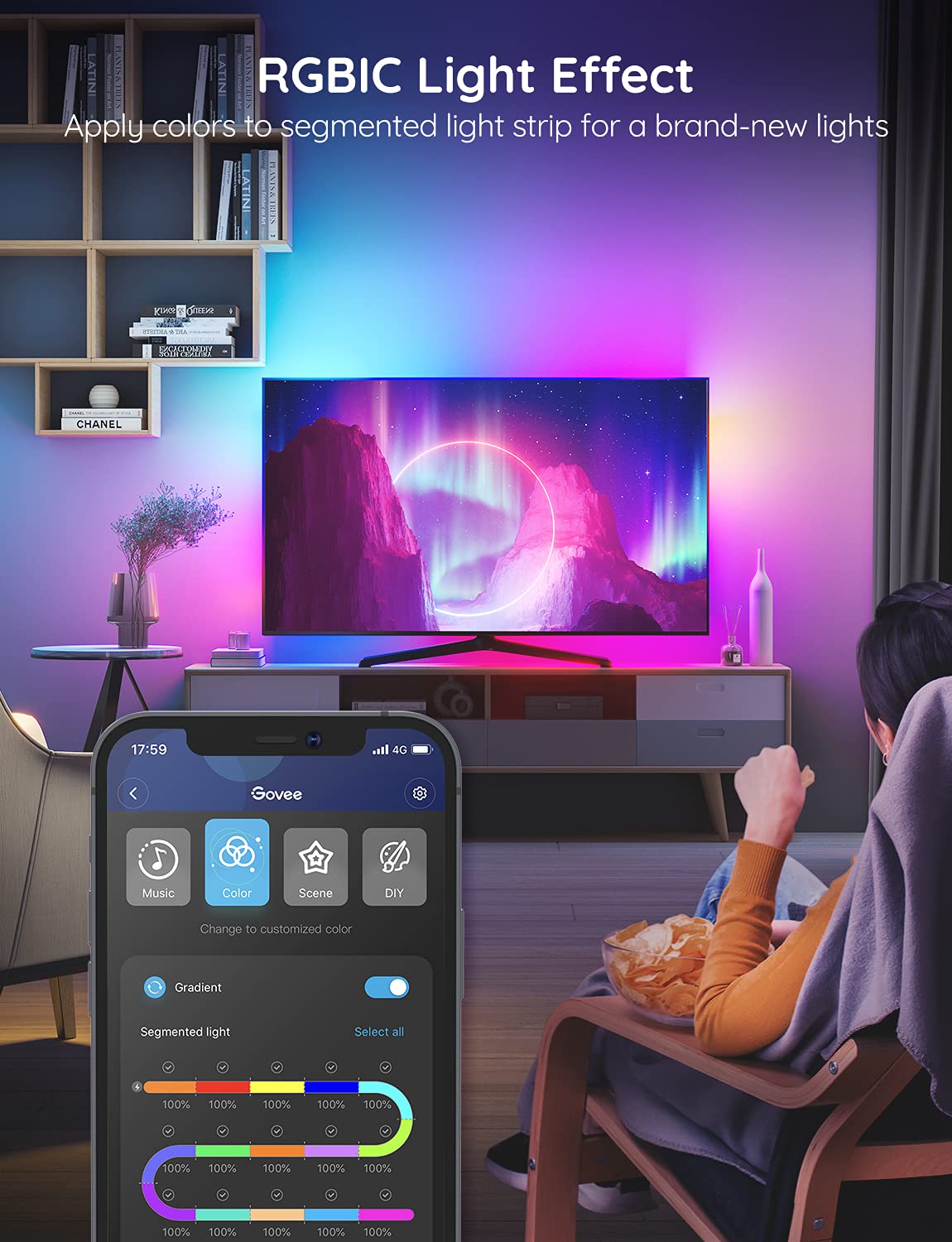 Govee TV LED Backlight with APP Control, Music Sync, Scene Modes, 6.56FT with RGBIC Color Changing for 30-50 inch TVs, USB Power