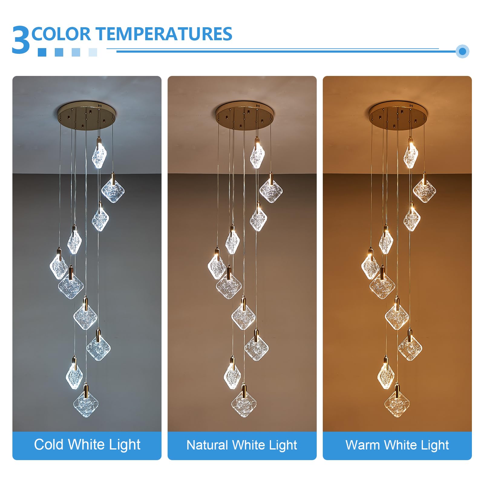 Kokaizeeki Staircase Crystal Chandelier 10-Light Pendant Light, Modern Square Led H118 High Hanging Ceiling Fixture With Gold Ba