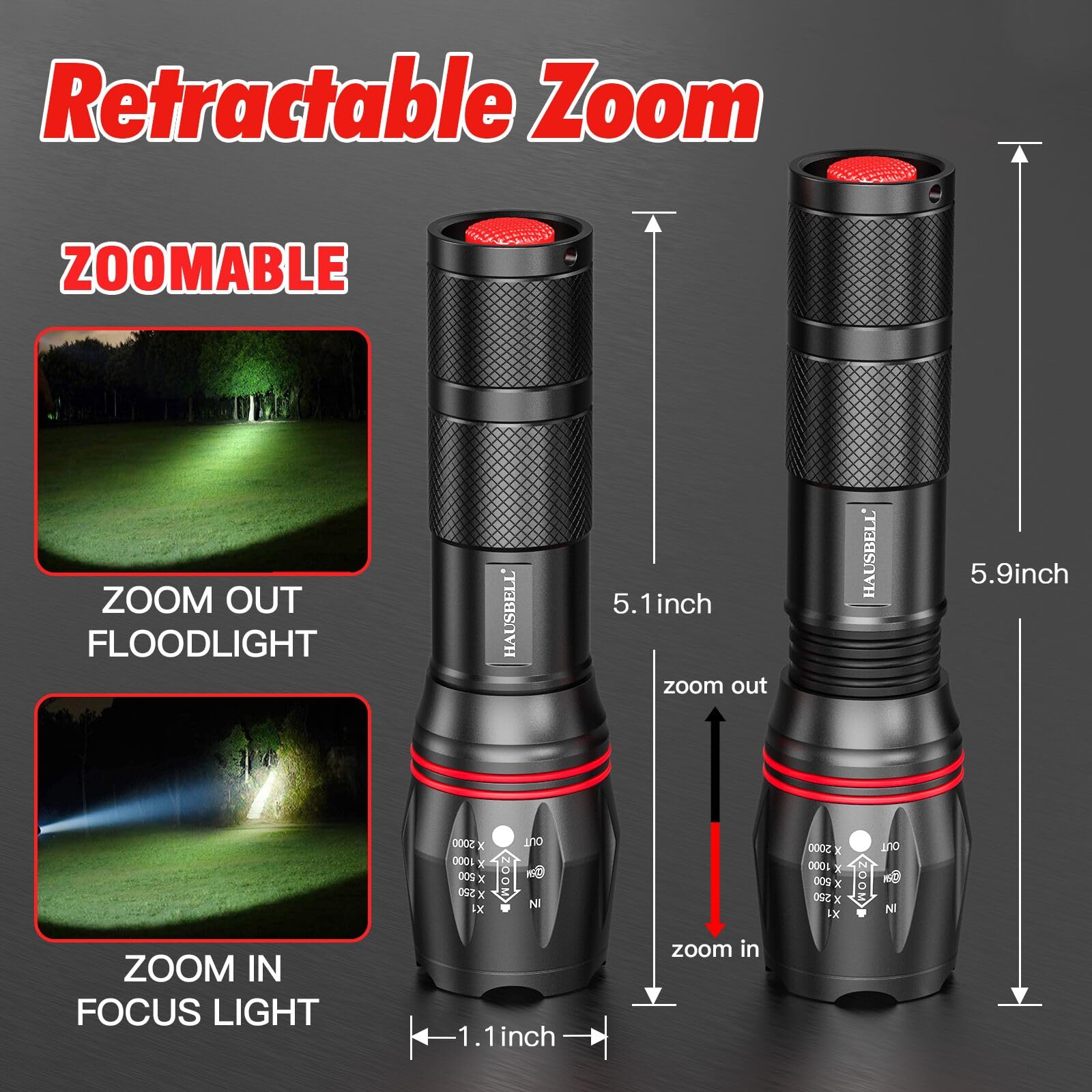 HAUSBELL A100 LED Flashlights - Waterproof, Zoomable, 5 Modes, 2 Pack, Black, Aluminum