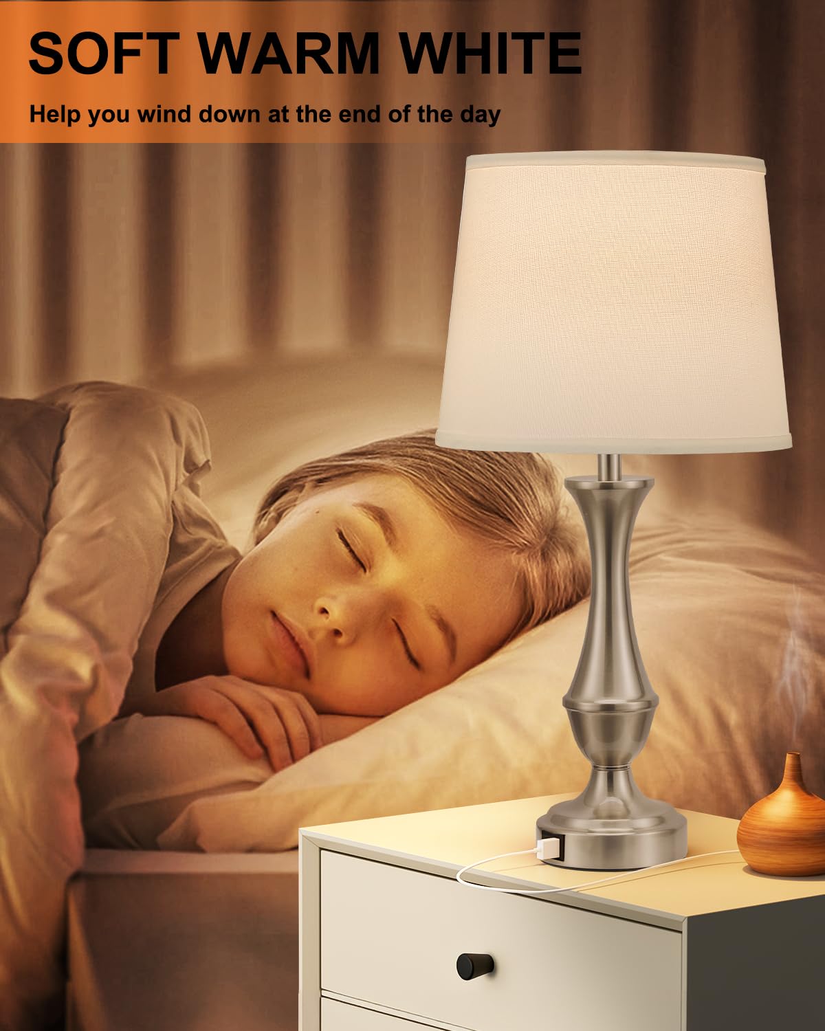 Seealle Touch Lamps Set of 2 - 3 Way Dimmable Bedside Lamps with USB C+A, White Shade & Nickel Base, Model 0407123