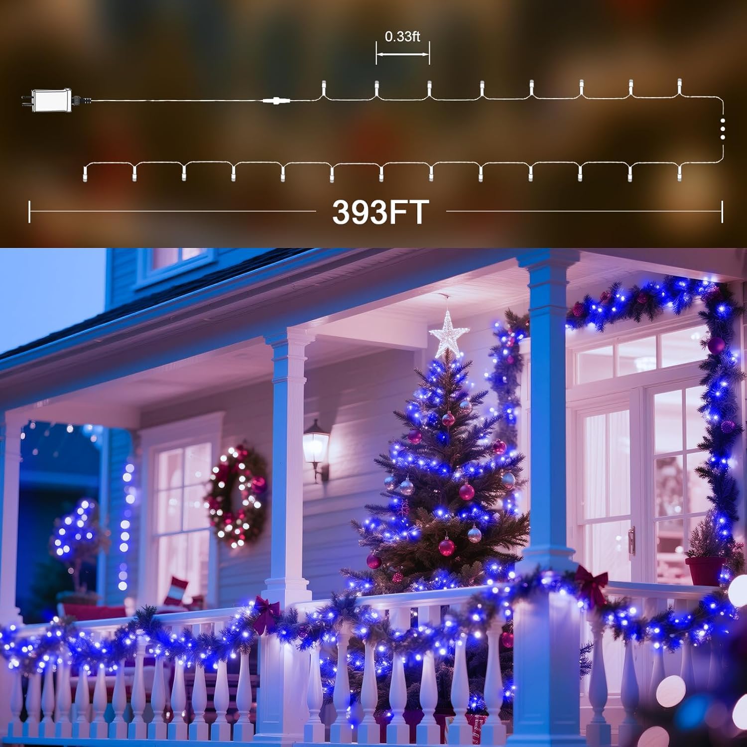 Jdgjyds 393 Ft Christmas Lights 1000 Led Xmas Lights Outdoor Christams String Lights Waterproof 8 Modes & Timer  Fairy Lights Plug In For  ing  Patio  Party  Holiday Christmas Decor (Blue)