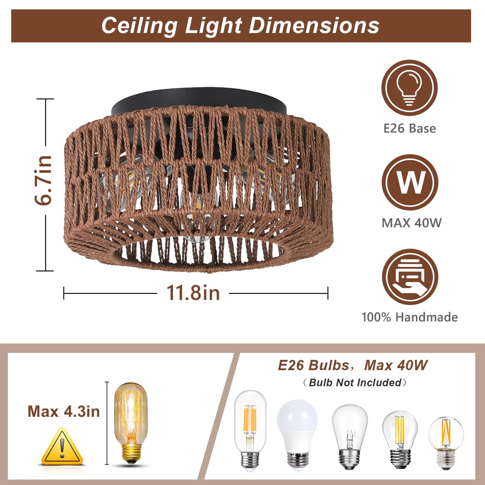 Paufel Boho 3-Light Farmhouse Rattan Light Fixtures - Hand-Woven Shade Modern Chandelier For Living, Bedroom, Entryway, Kitchen,