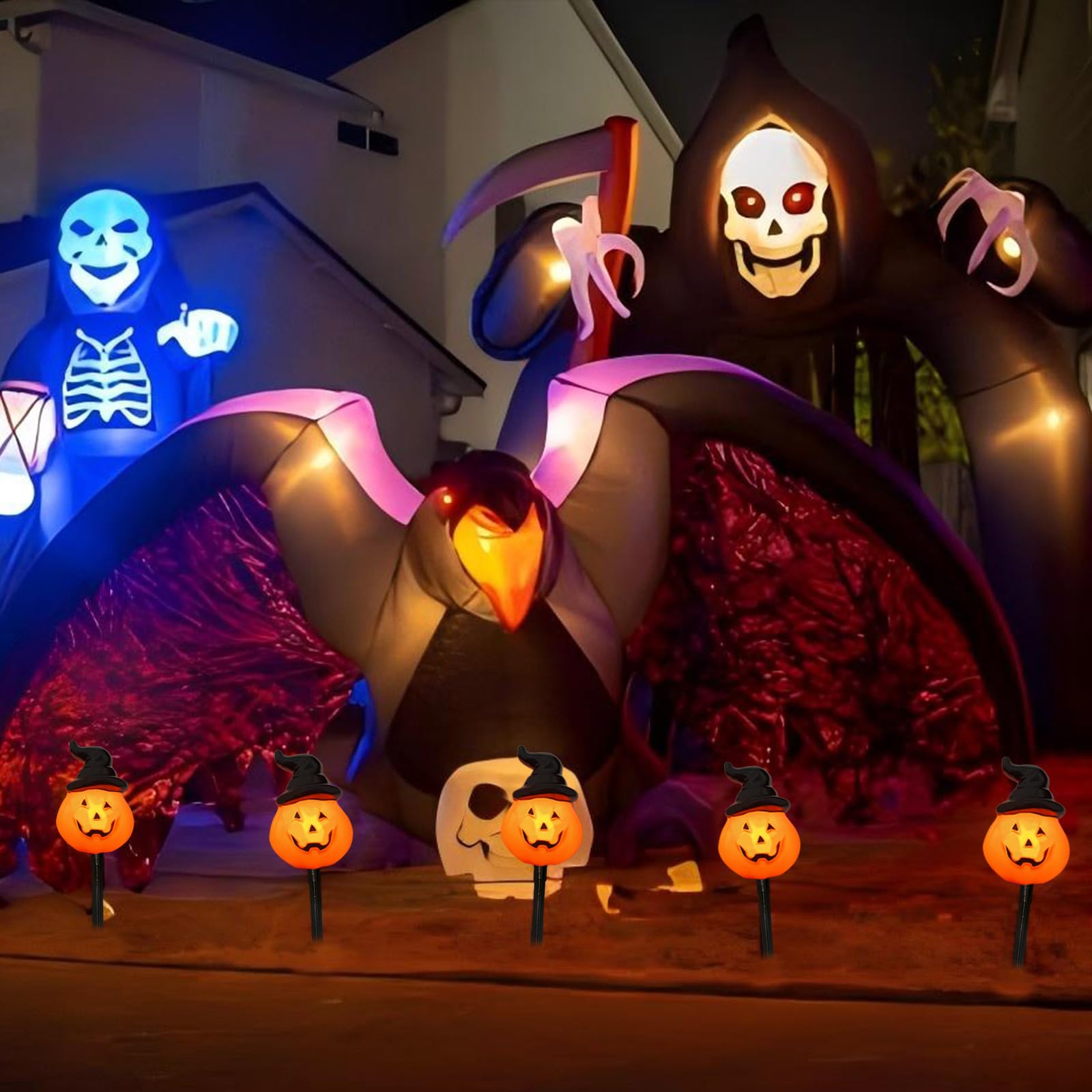 4 Pack Halloween Pumpkin Witch Hat Pathway Lights -7Ft Led Outdoor Halloween Decorations, Waterproof Halloween Garden Stake Ligh