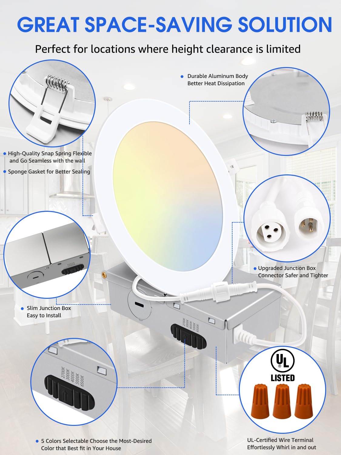 12 Pack 6 Inch 5Cct Ultra-Thin Led Recessed Ceiling Light With Junction Box, 2700K/3000K/4000K/5000K/6500K Selectable, 1050Lm Br
