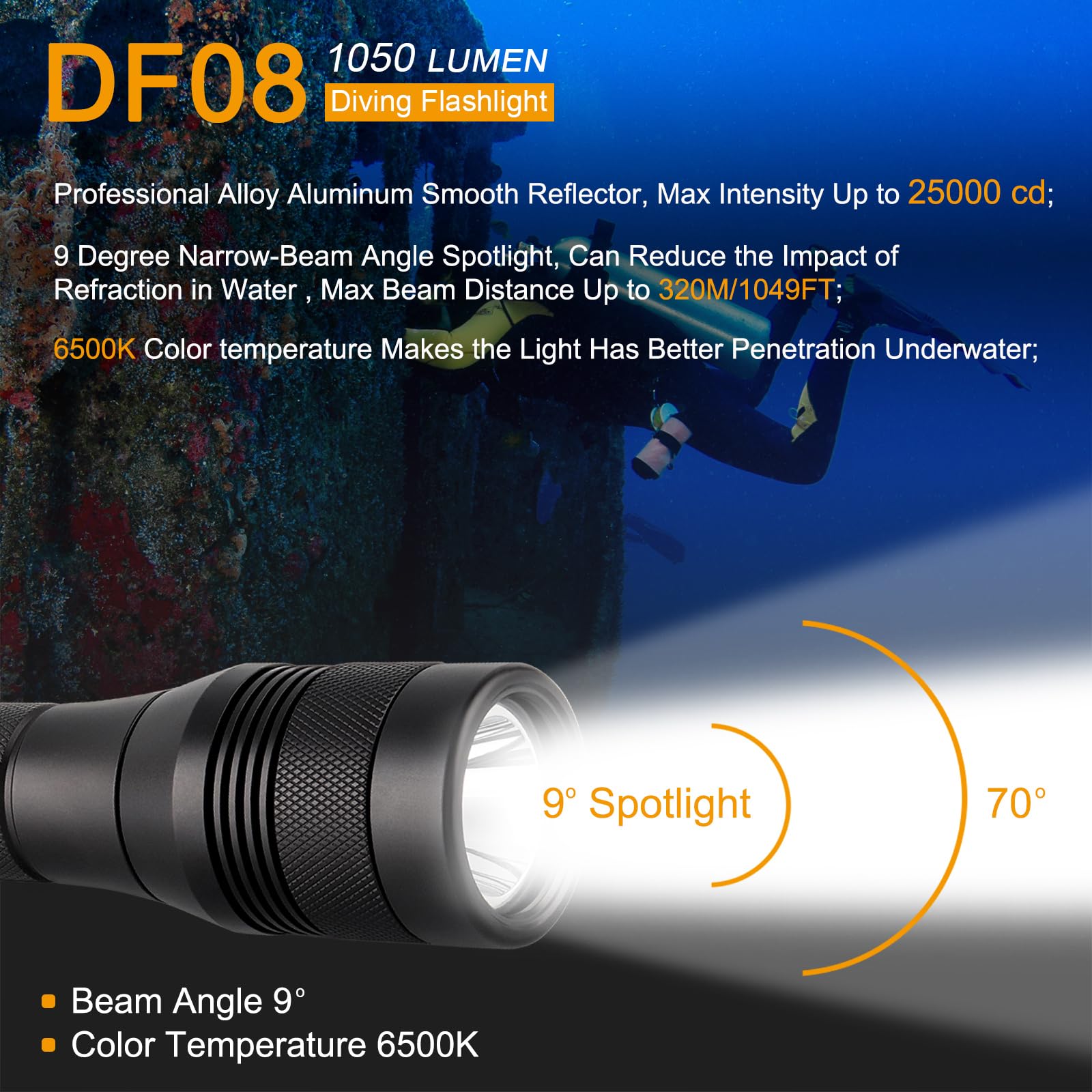 Securitying Waterproof 1000 Lumens Led Diving Flashlight Underwater 150M Super Bright Led Scuba Light, 9 Degrees Narrow-Angle Be