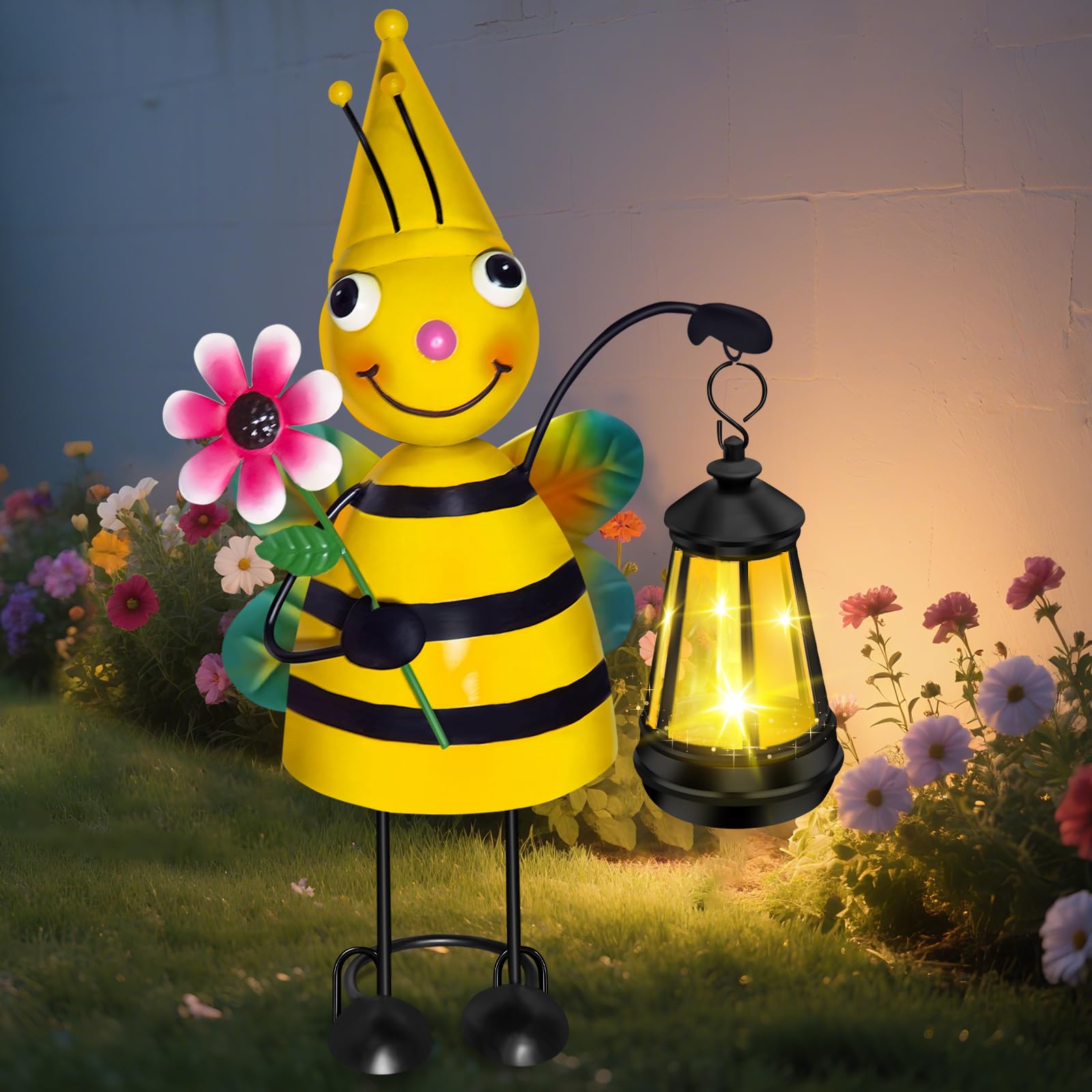 LCHPMY Solar Garden Bee Statue with LED Lantern,14.17 Inch Outdoor Waterproof Bee Figurine Decoration for Patio,Balcony,Yard,Law