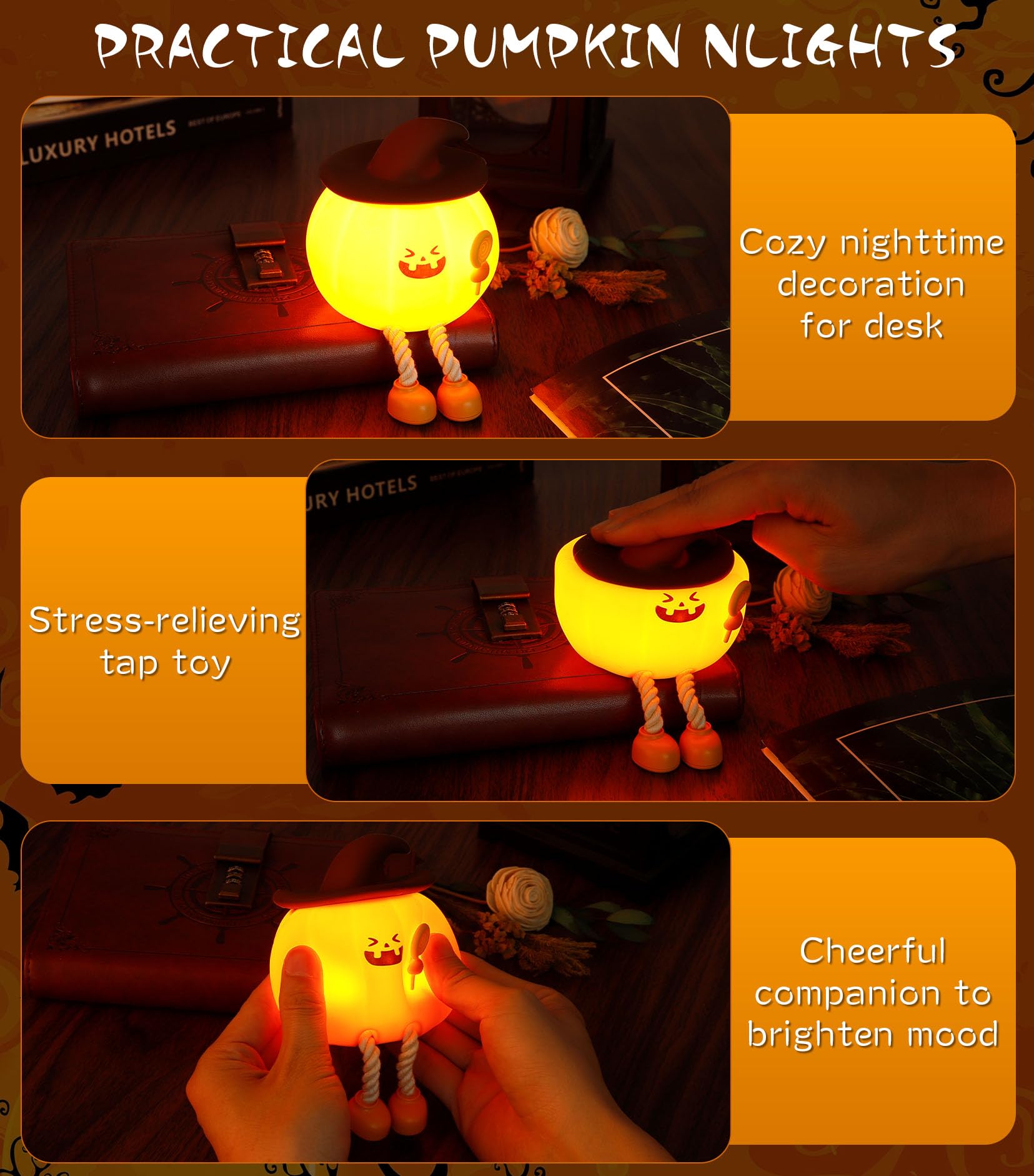 Xinjue Cute Pumpkin Night Light, Silicone Rechargeable Touch Led Lamp, Funny Indoor Halloween Decor For Desk Shelf, Festive Bedr
