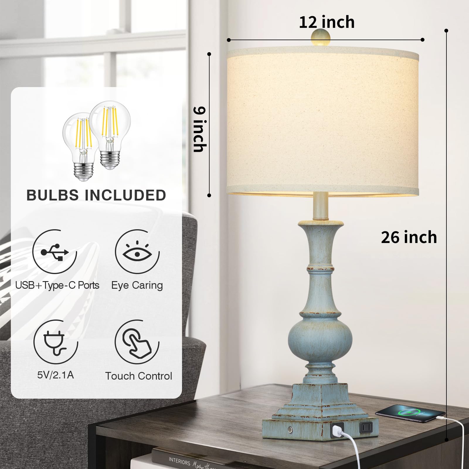 Farmhouse Table Lamps Set Of 2, Rustic Touch Control Bedside Lamps With 2 Usb Ports & Ac Outlet, Vintage Resin 3-Way Dimmable Nightstand Lamp Linen Fabric Shade For Living Room Bedroom Decor Blue
