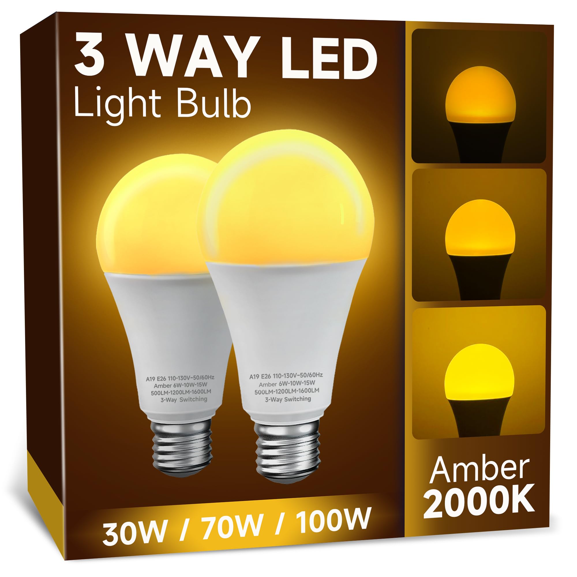 Unilamp 3 Way Light Bulbs 30 70 100W Equivalent, A19 Three Way Led Amber Light Bulbs 2000K, E26 Medium Base, Three Settings For 