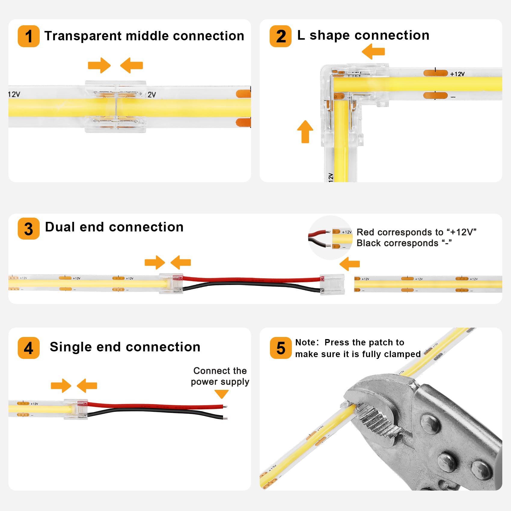 8Mm 2 Pin Fcob Cob Led Strip Light Connector Kit, 8Pcs Transparent L-Shaped Corner Connector, 4Pcs I-Shaped Connector, 4Pcs 15Cm