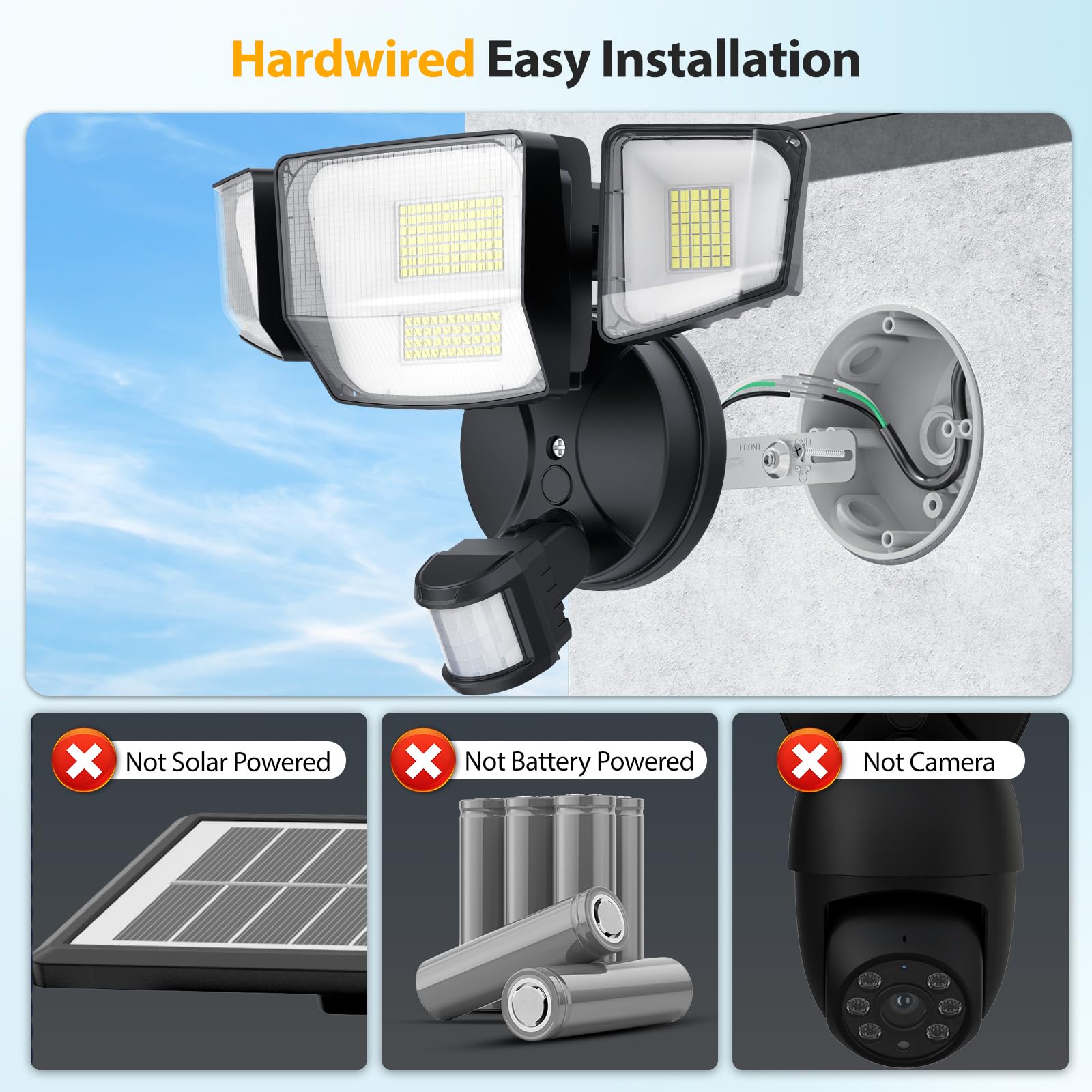 Onforu 90W 10000Lm Led Motion Sensor Outdoor Lights  4-Head Dusk To Dawn Outdoor Lighting  Hardwired Flood Lights  Ip66 Waterproof 6500K Security Floodlight For Outside (Black)