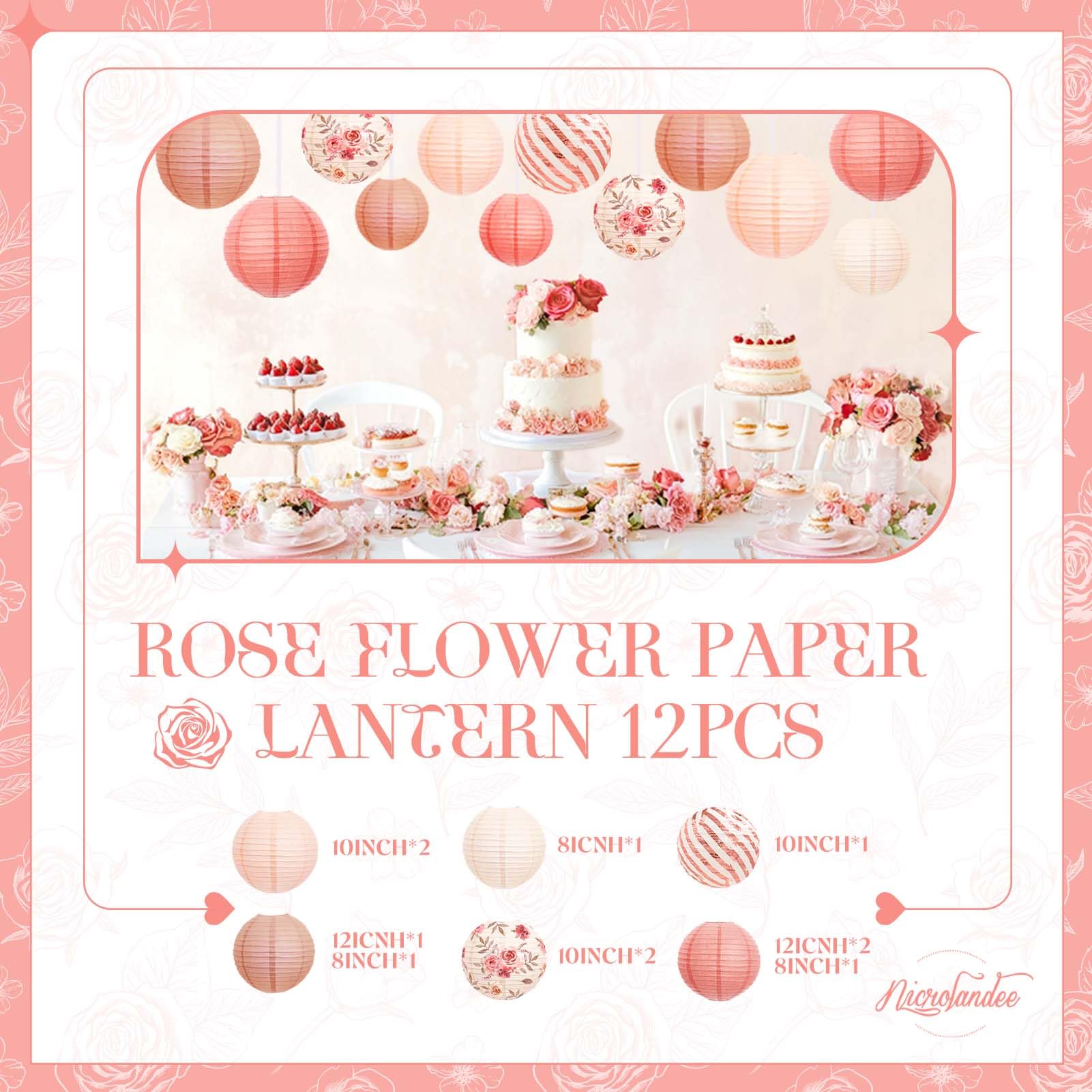 Nicrolandee 12Pcs Rose Gold Paper Lanterns - Vintage Floral Hanging Decorations For Weddings, Baby Showers, Anniversaries, And Birthdays