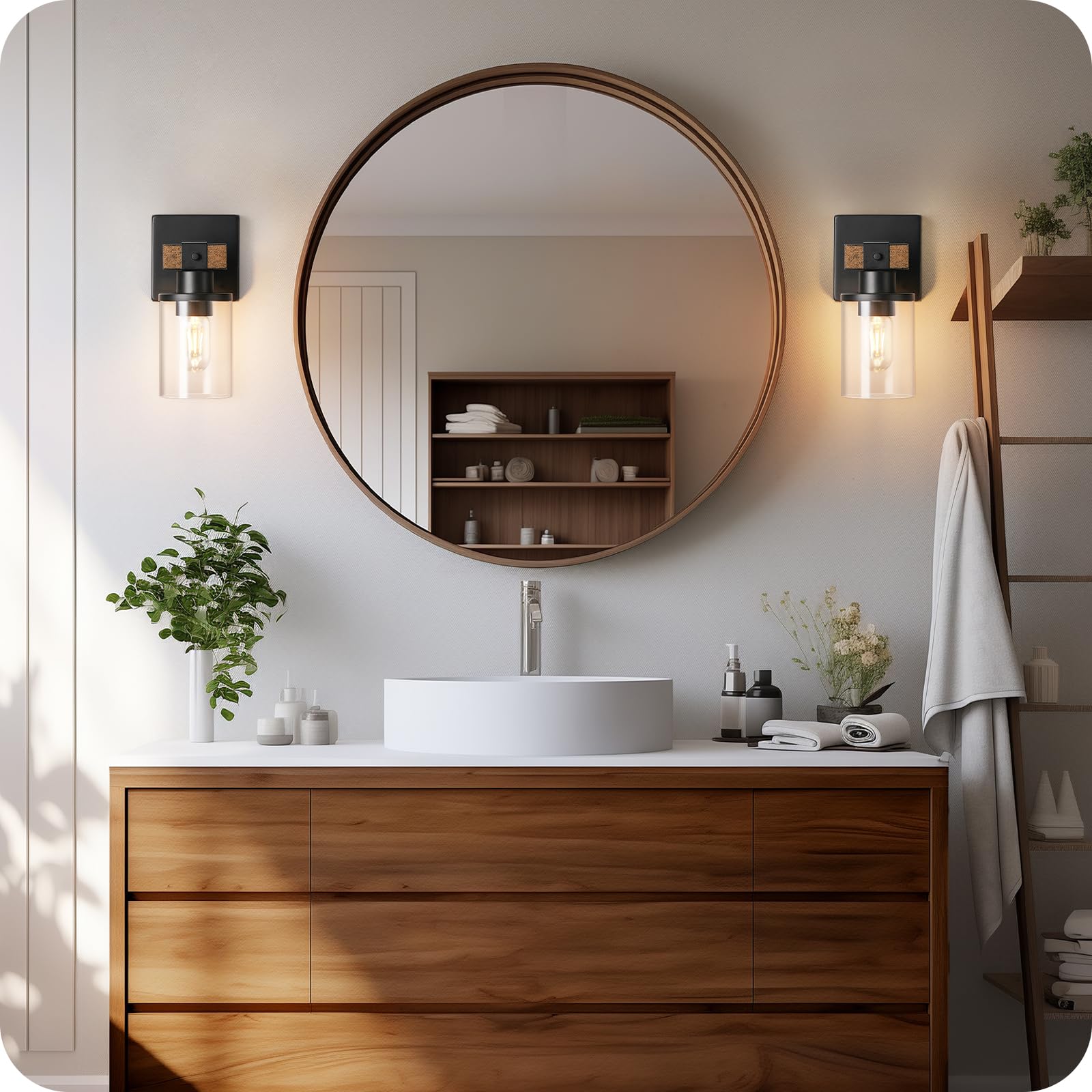 GOEBLESON Wall Sconces Set of Two, Rustic Brown + Black, Metal Bathroom Light Fixture, Model 14BD-1, Clear Glass Shade