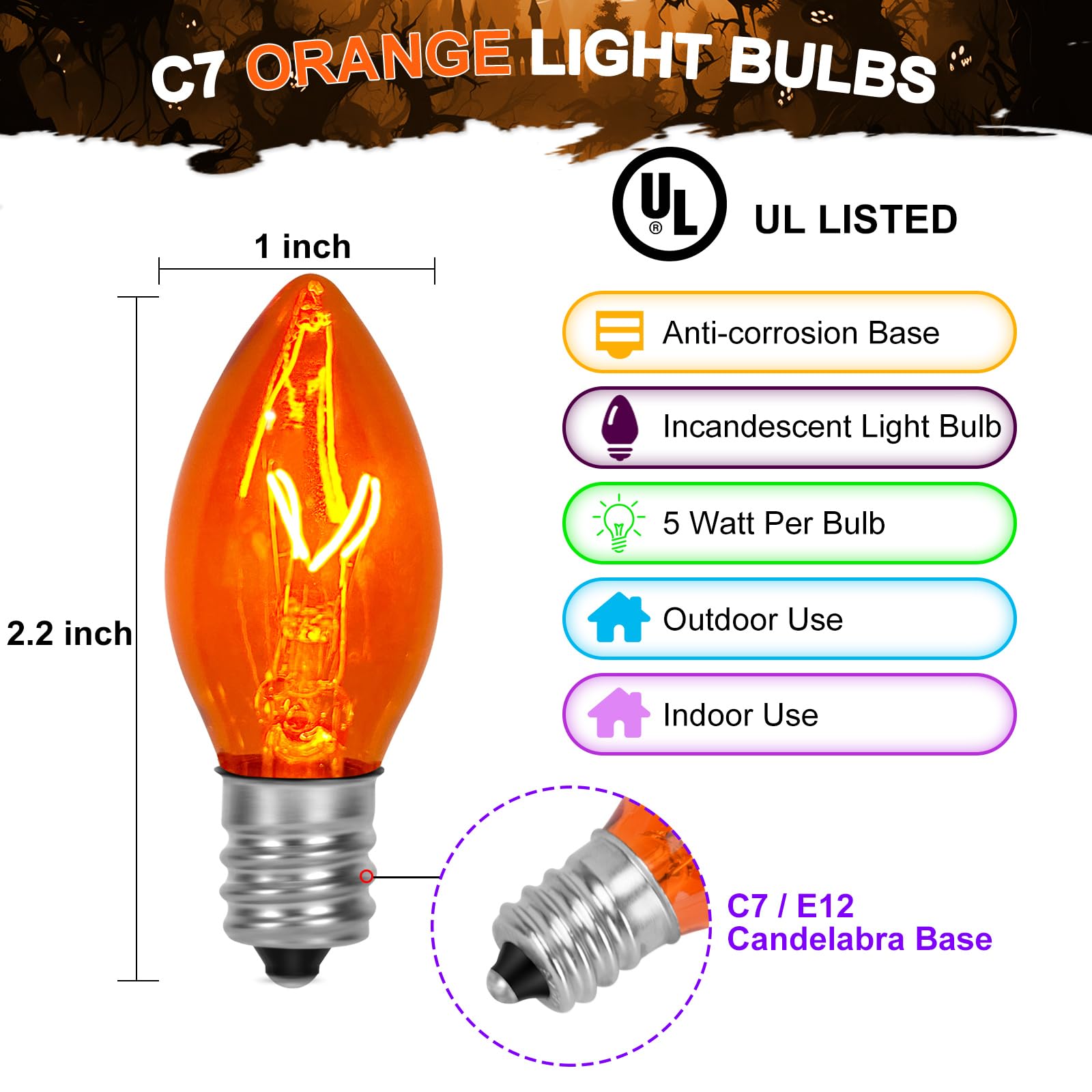 Agaphoton 25 Pack Orange Christmas Replacement Bulbs, C7 Clear Orange Flame Replacement Bulbs For Outdoor String Light, C7/E12 Candelabra Base 5 Watt Great For Christmas Bulbs